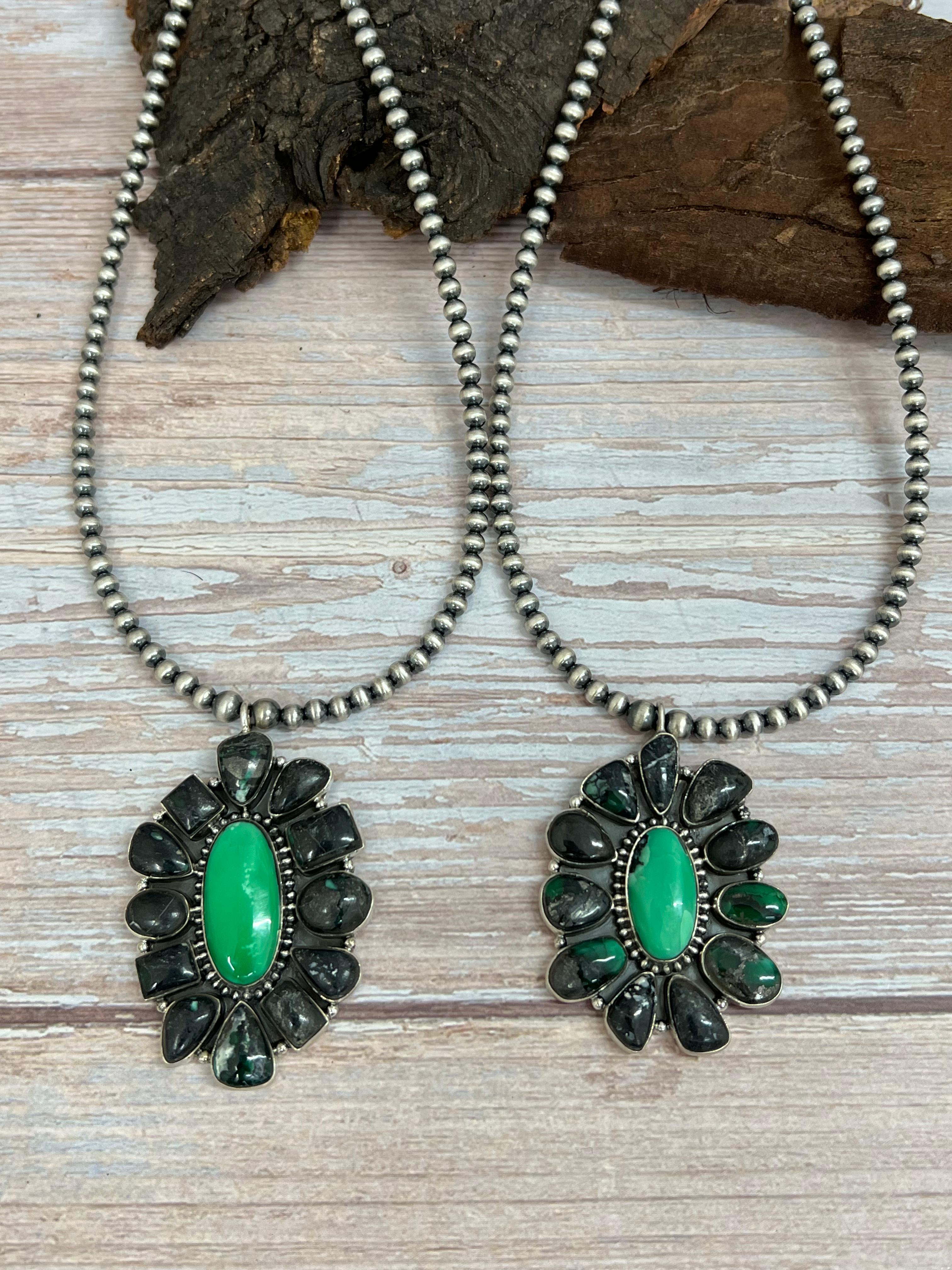 Handmade Sterling Silver Emerald Rose Beaded Necklace with Signed Nizhoni