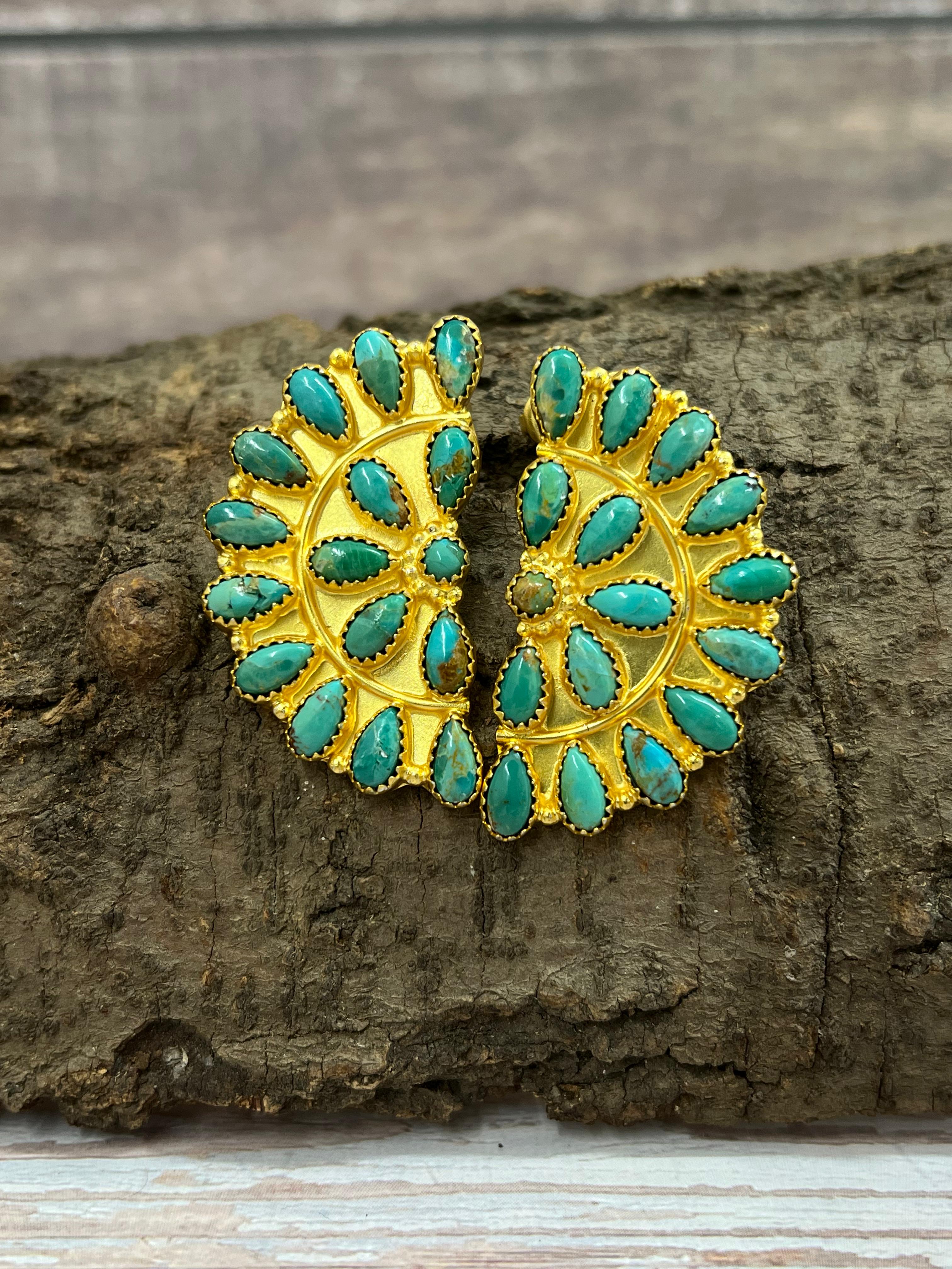 “The Golden Collection” Handmade Sterling Silver Kingman Turquoise Post Crescent Earrings Signed Nizhoni