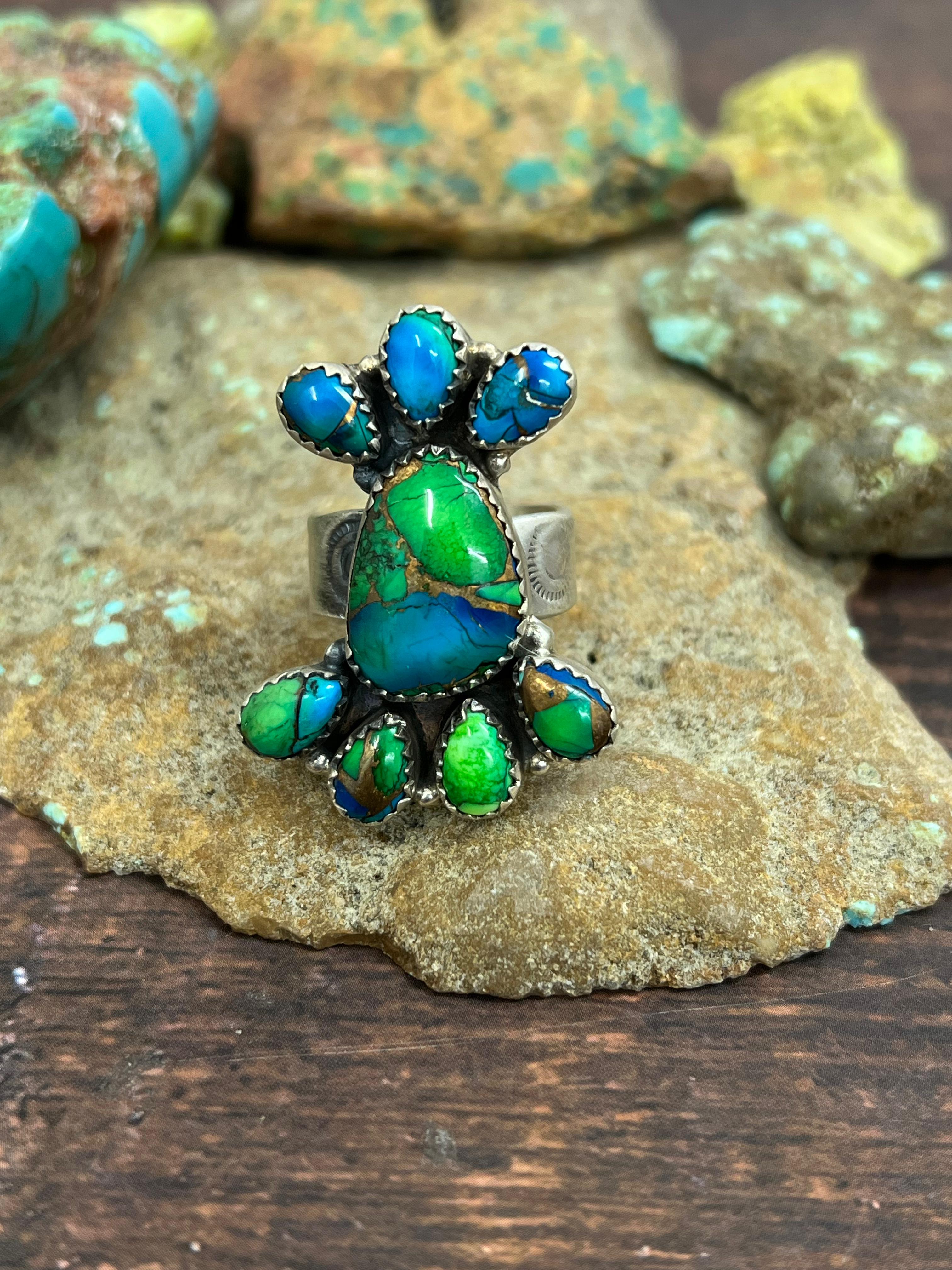 Handmade Sterling Silver Peacock Dahlia Adjustable Ring with Signed Nizhoni