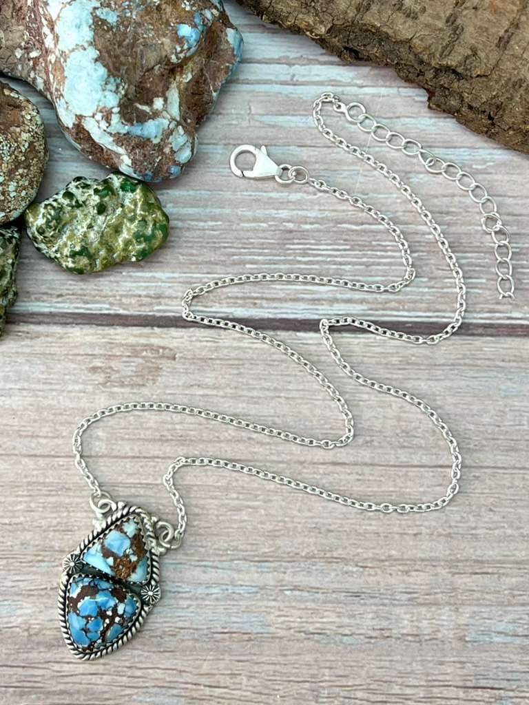 Handmade Sterling Silver Golden Hills Turquoise Necklace with Signed Nizhoni