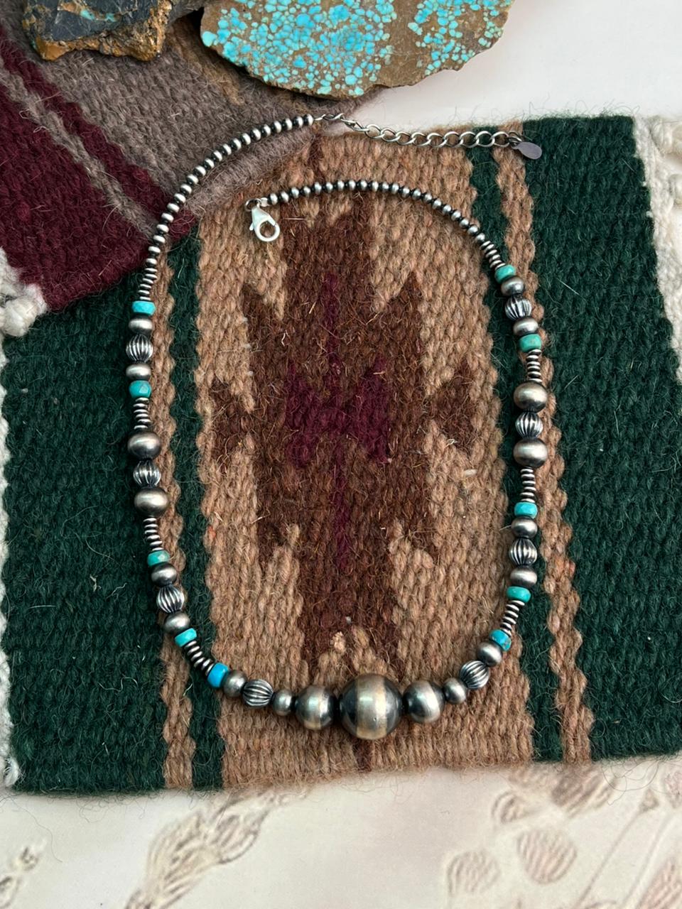 Handmade Sterling Silver Beaded Kingman Turquoise Necklace
