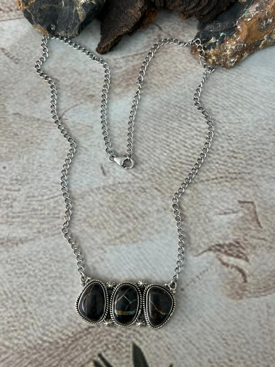 Handmade Sterling Silver Blackjack Turquoise Necklace "Signed Nizhoni"