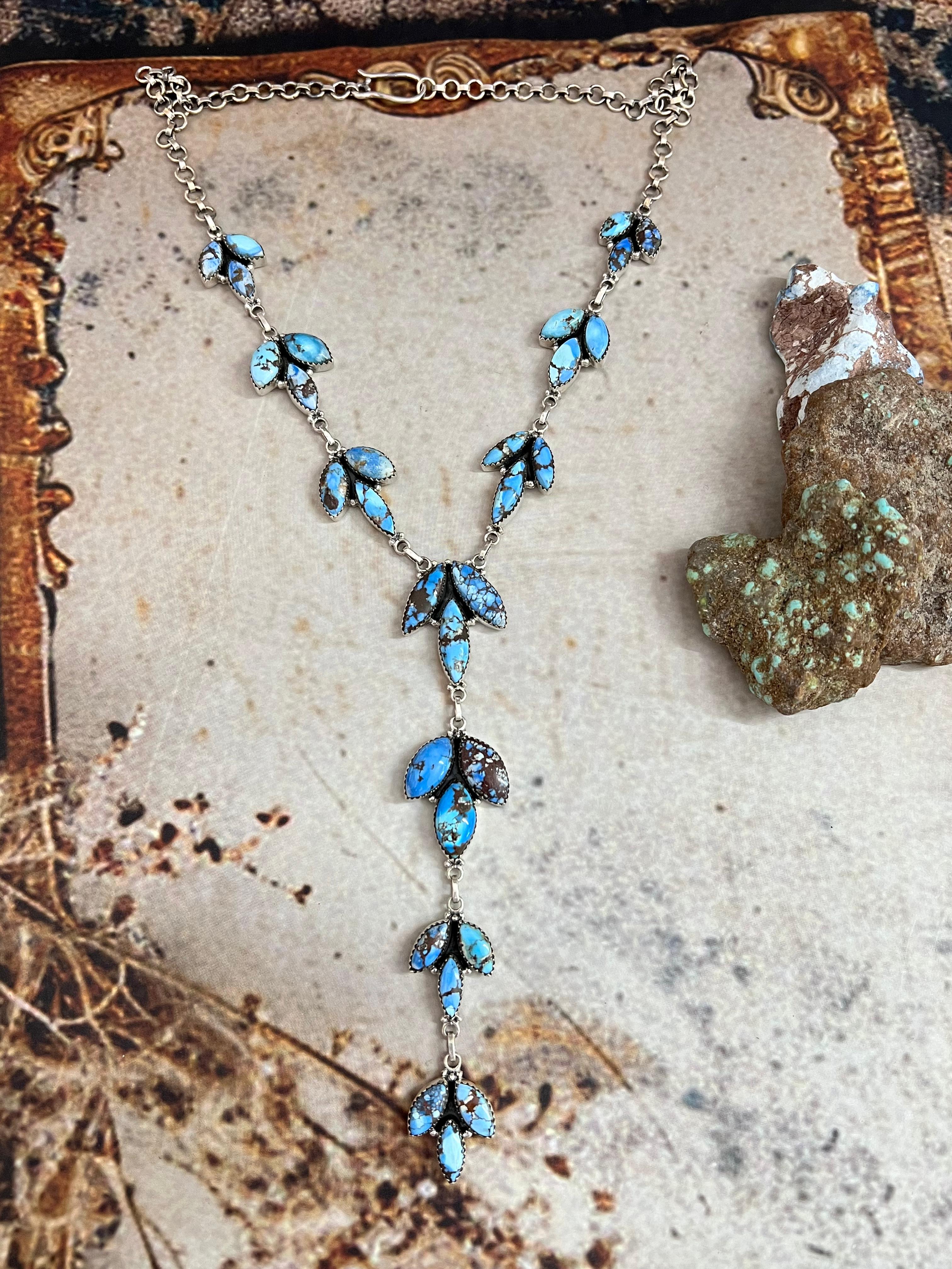 Handmade Sterling Silver Golden Hills Turquoise Lariat Necklace with Signed Nizhoni