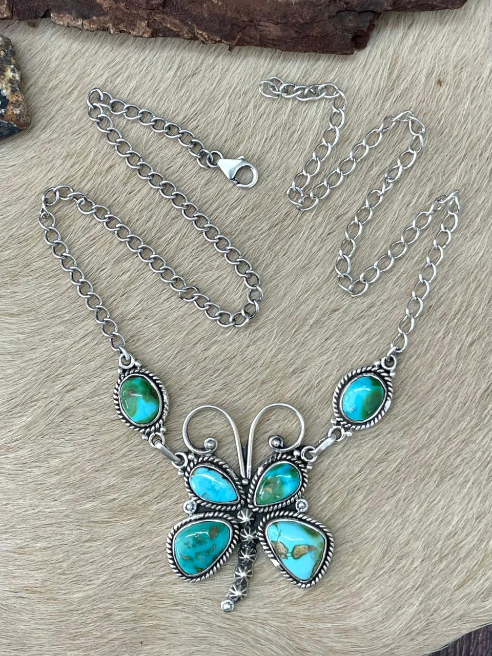 Handmade Sterling Silver Sonoran Mountain Turquoise Butterfly Necklace "Signed Nizhoni"