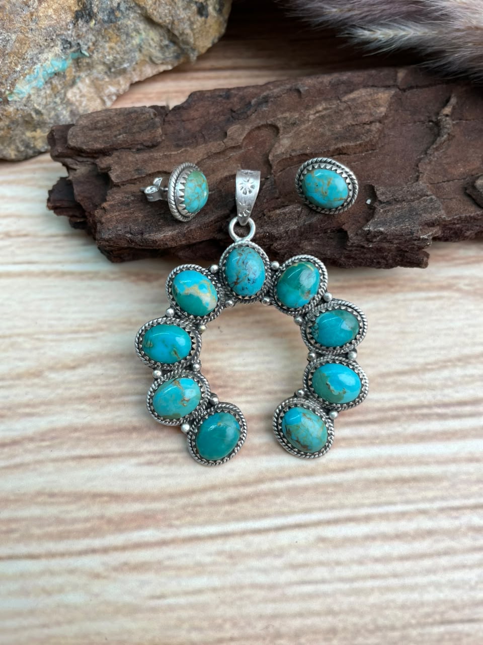Handmade Sterling Silver Kingman Turquoise Naja Pendant and Earrings Set Signed Nizhoni