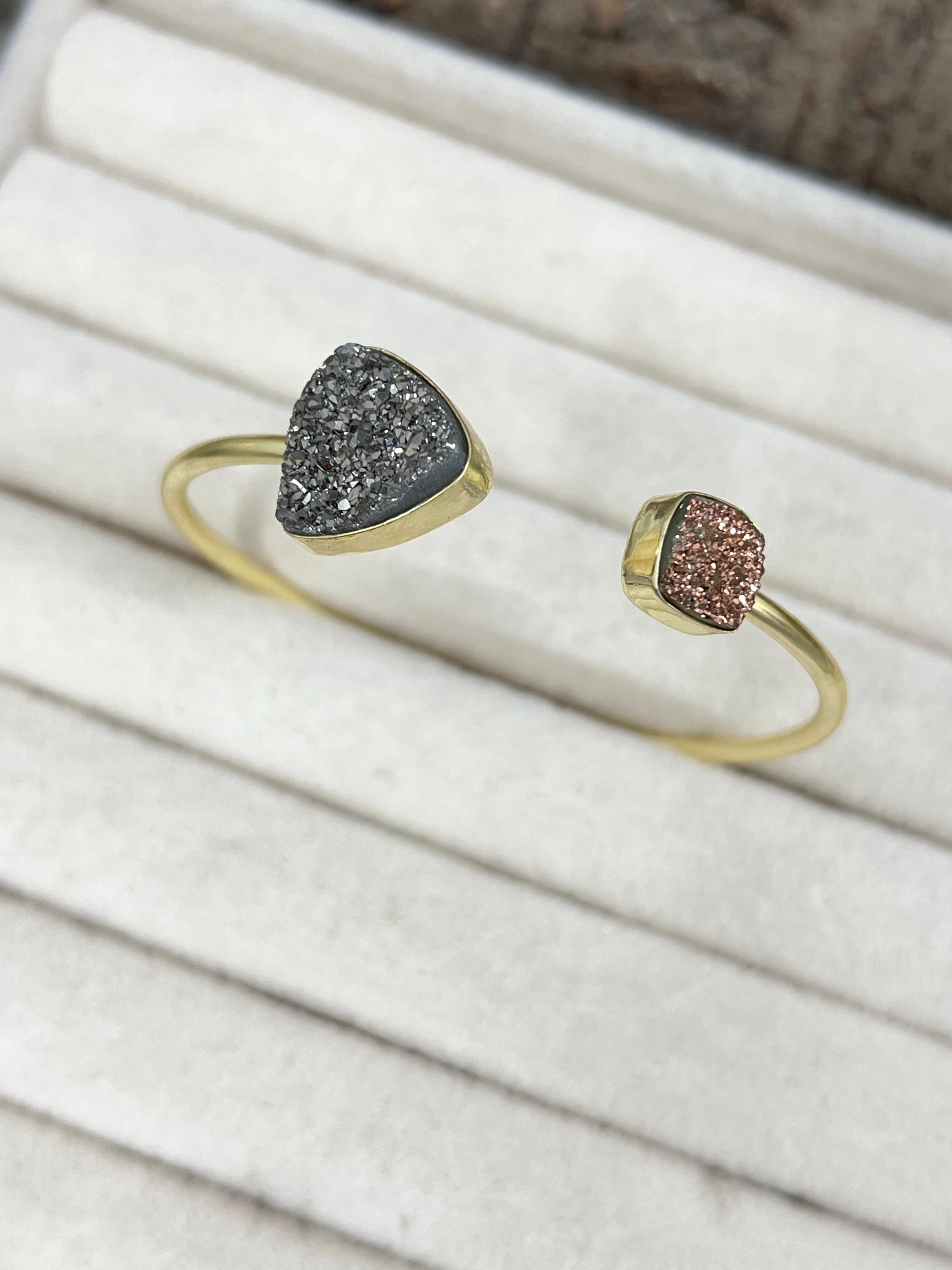 “The Boho Collection” Handmade Natural Gold Plated 2 Stone Druzy Open Cuff Bracelet