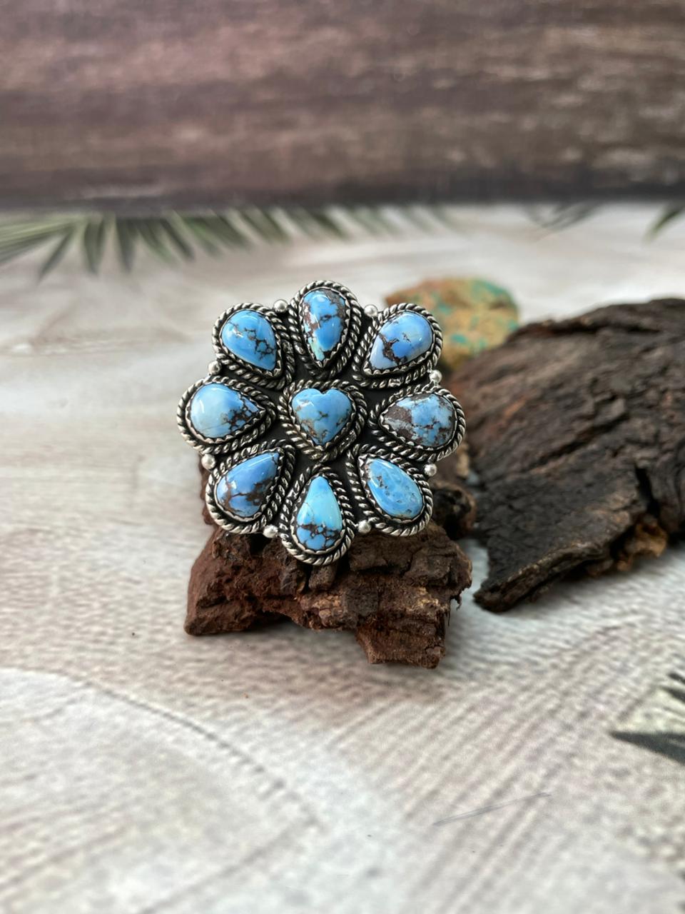 Handmade Sterling Silver Golden Hills Turquoise Adjustable Ring "Signed Nizhoni"