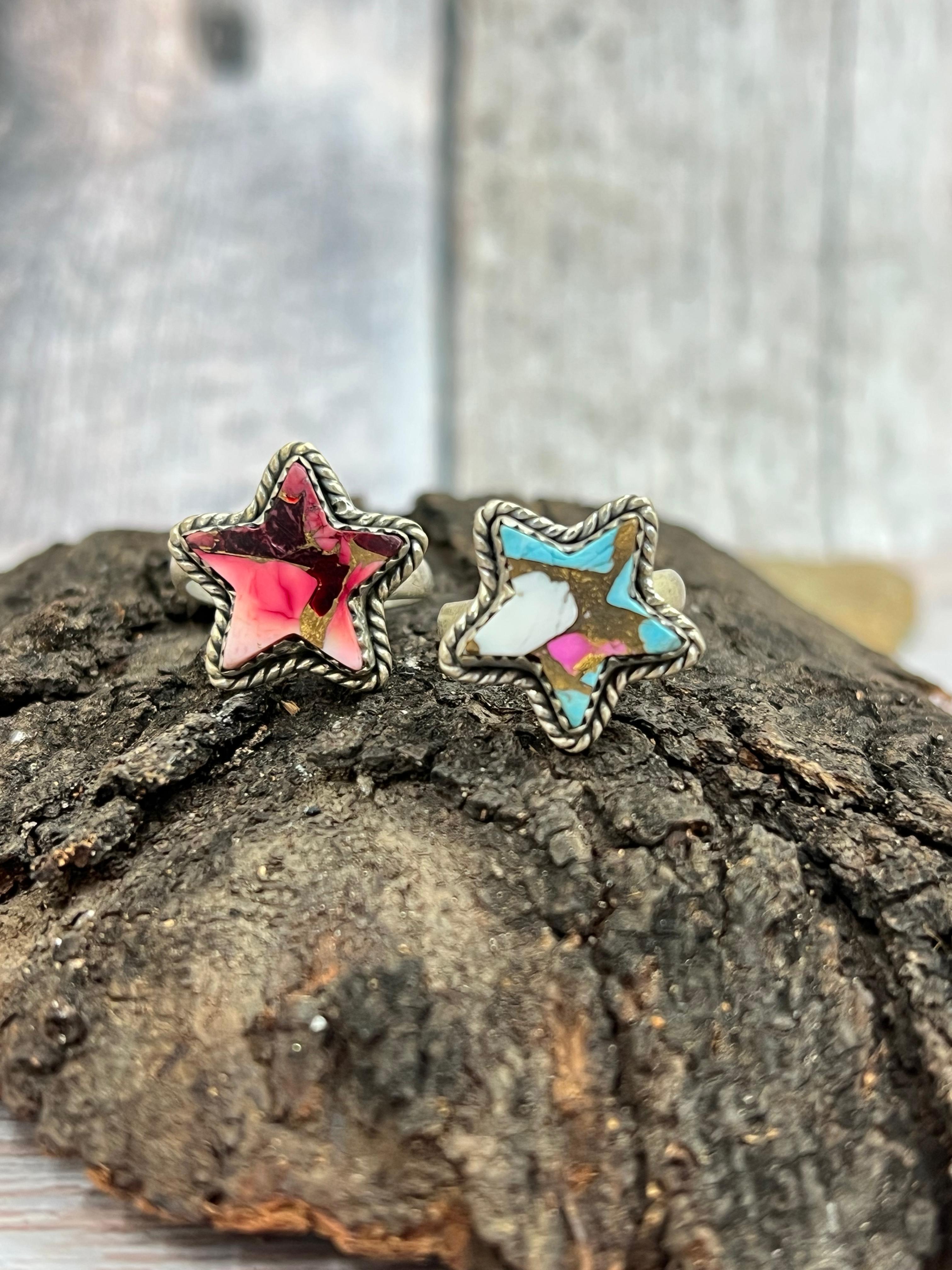 Handmade Sterling Silver Dahlia Rose, Cotton Candy Turquoise Adjustable Ring with Signed Nizhoni (2)