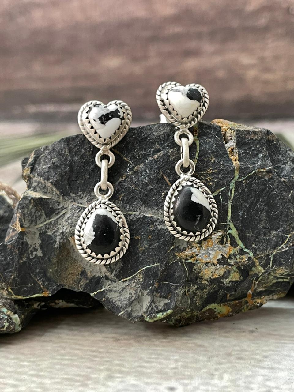 Handmade Sterling Silver White Buffalo Post Dangle Earrings "Signed Nizhoni"