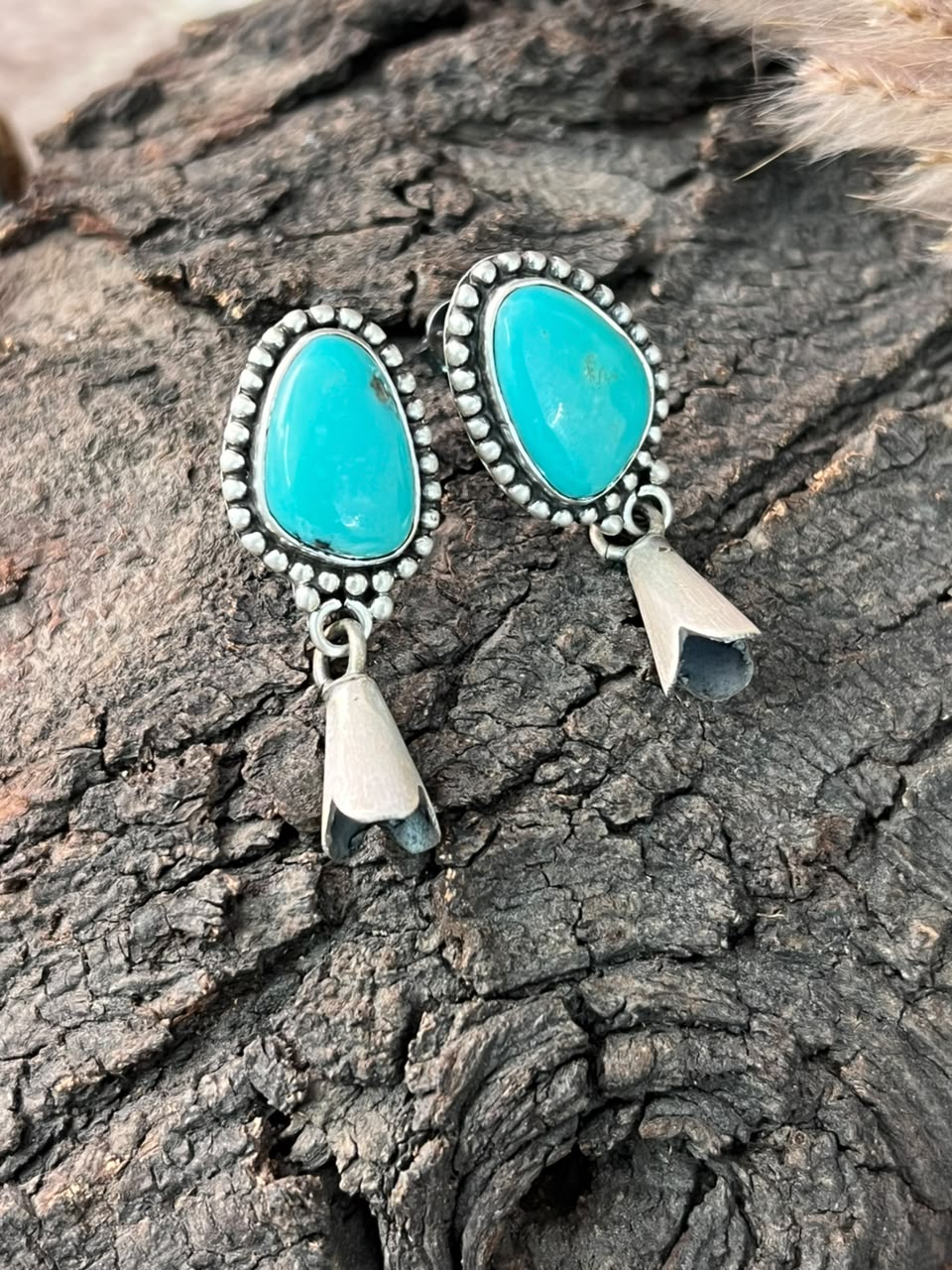 Handmade Sterling Silver Campitos Turquoise Collection: Post Dangle Squash Blossom Earrings Signed Nizhoni