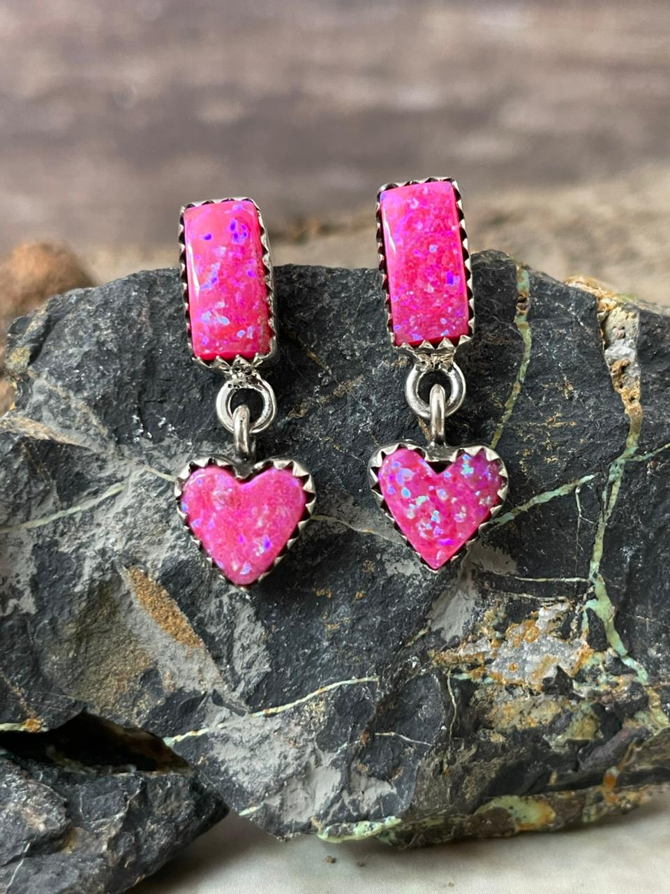 "Heart Collection" Handmade Sterling Silver Hot Pink Post Dangle Earrings "Signed Nizhoni"