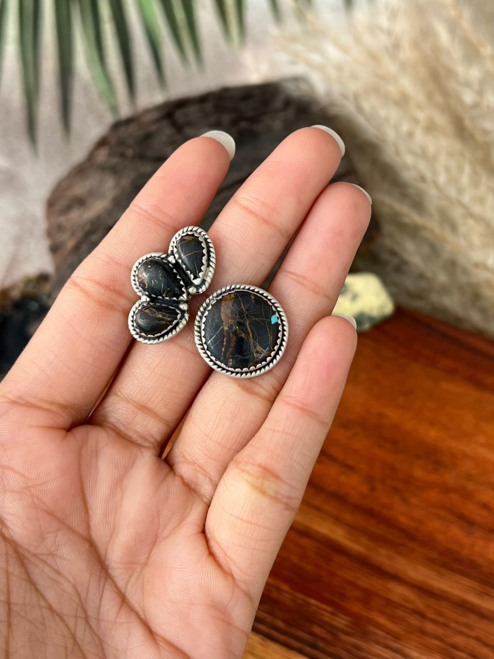 Handmade Sterling Silver Blackjack Turquoise Adjustable Ring "Signed Nizhoni"