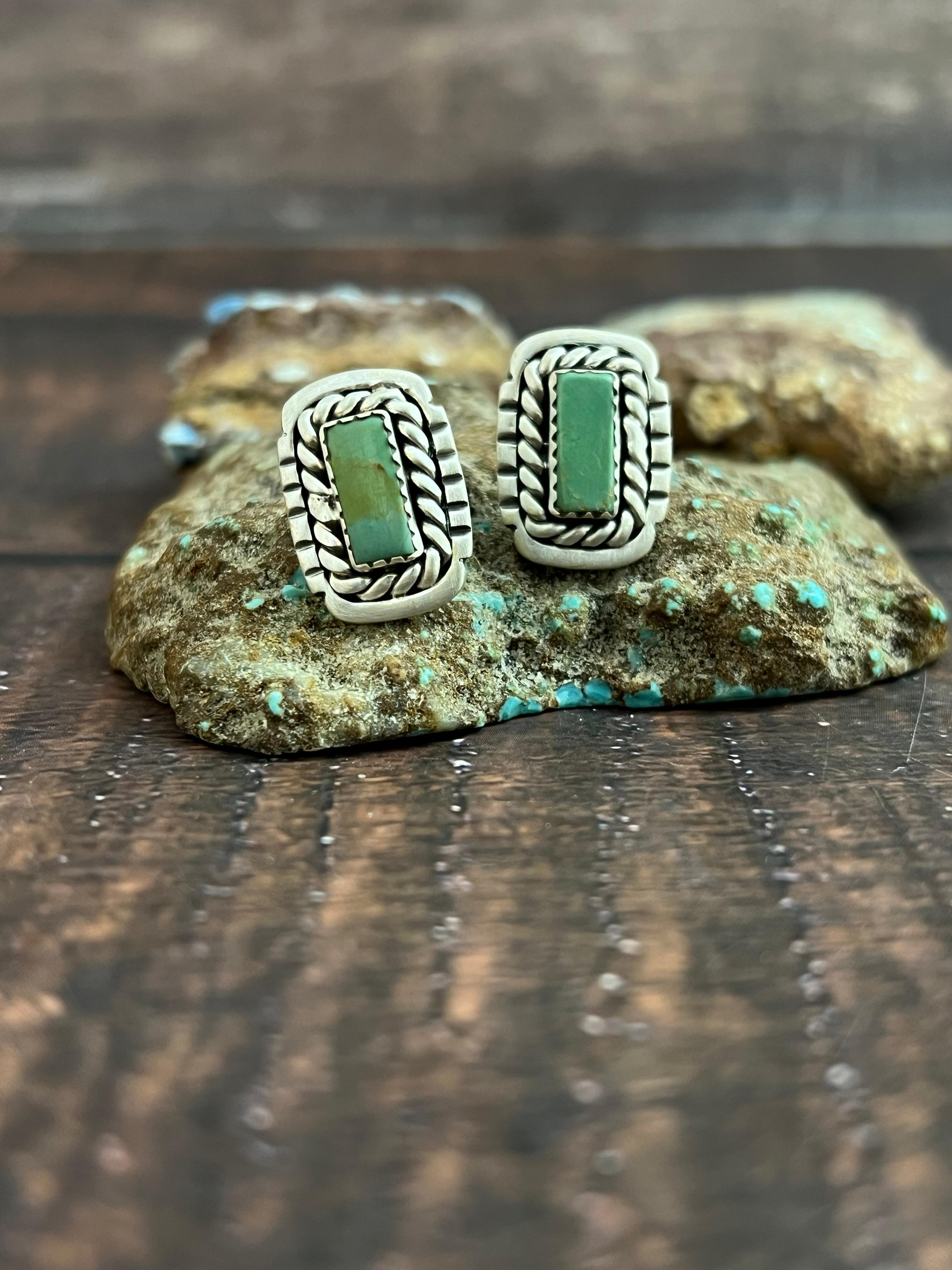 Handmade Sterling Silver Kingman Turquoise Studs with Signed Nizhoni