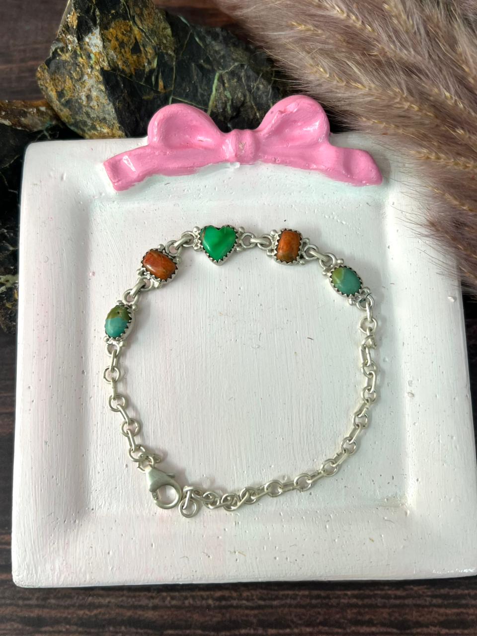 Handmade Sterling Silver Orange Mojave with Kingman and Irish Dahlia Chain Bracelet "Signed Nizhoni"