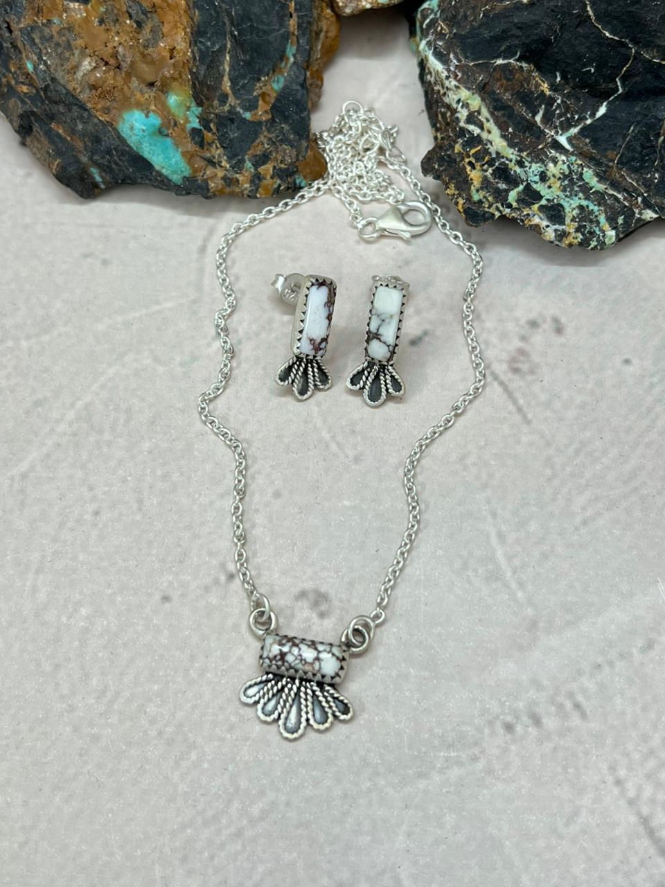 Handmade Sterling Silver Wildhorse Magnesite Necklace Earrings Set "Signed Nizhoni"