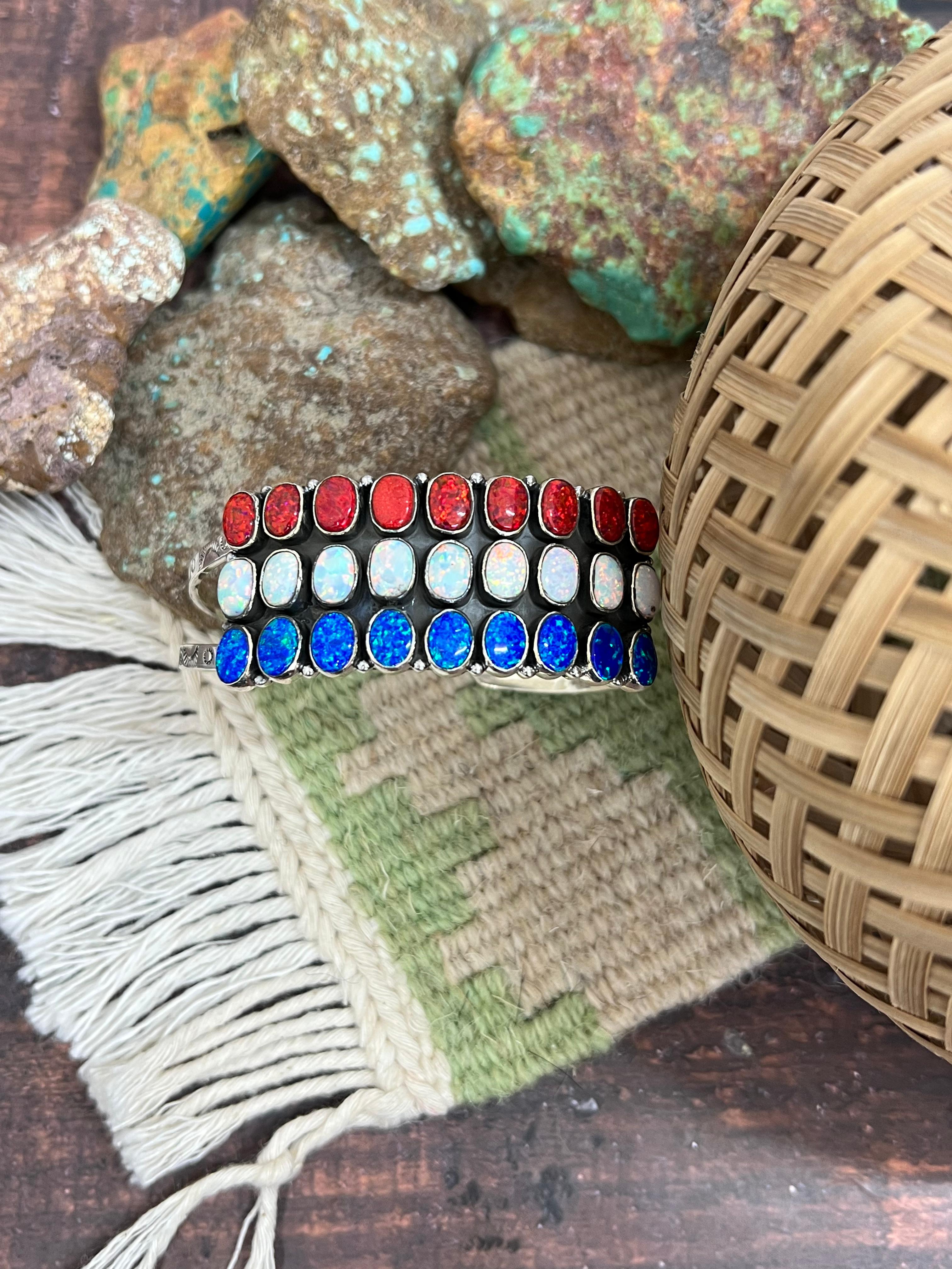 ** 4TH OF JULY ** Handmade Sterling Silver Synthetic Opal Cuff Bracelet with Signed Nizhoni