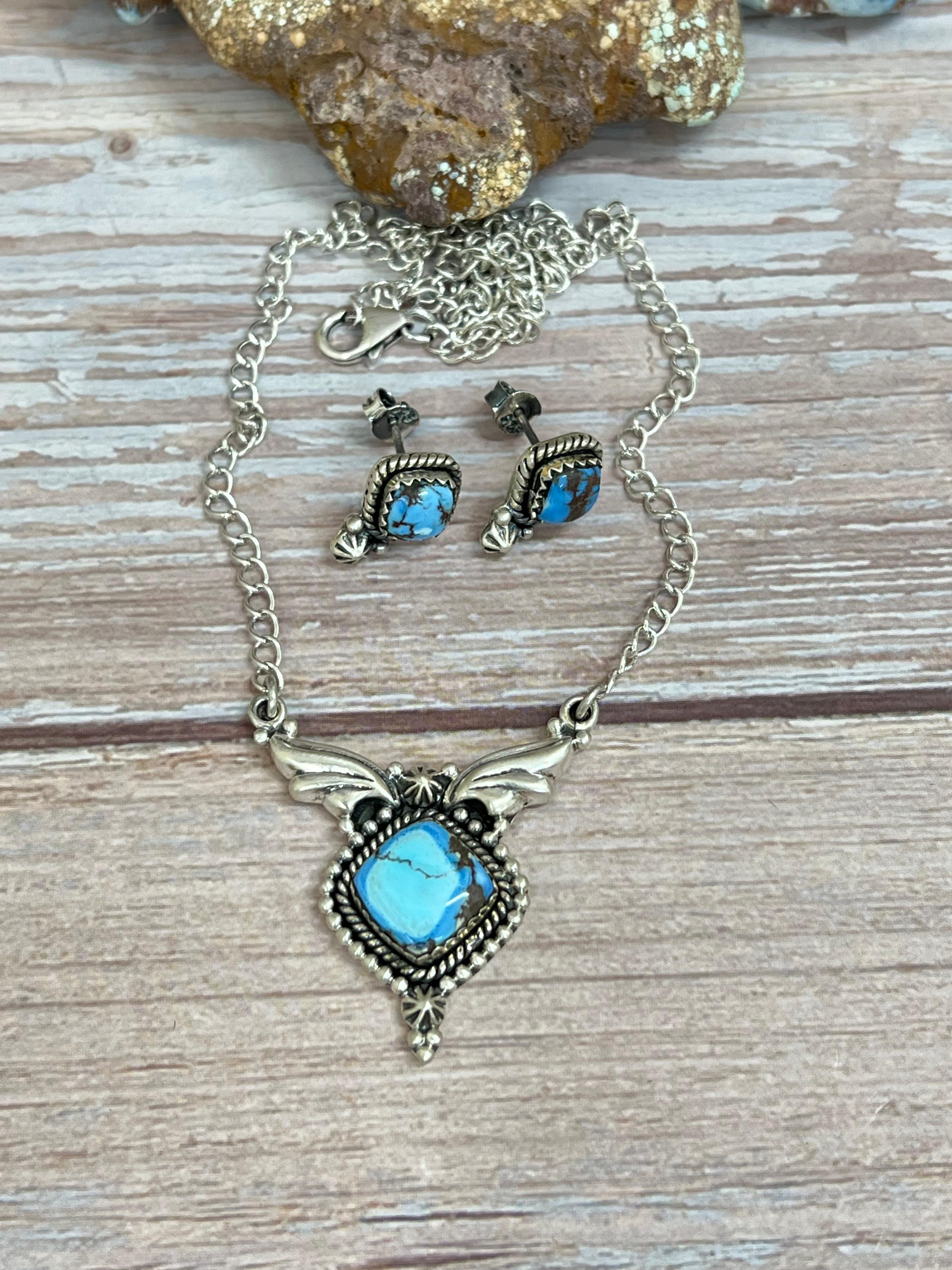 Handmade Sterling Silver Golden Hills Turquoise Necklace Earrings Set with Signed Nizhoni