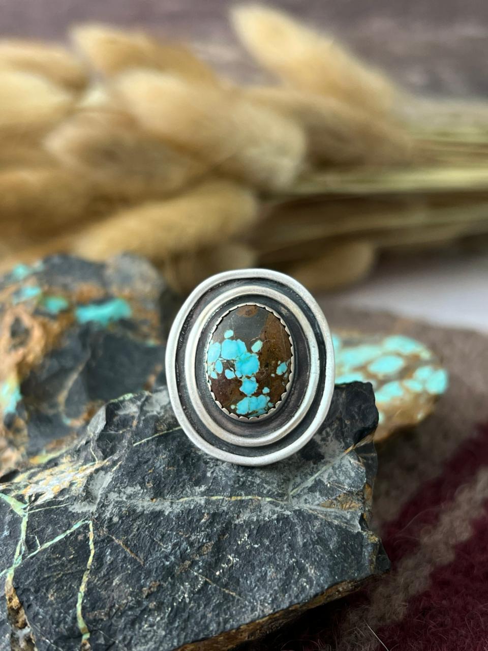Handmade Sterling Silver Number 8 Turquoise Adjusatble Ring "Signed Nizhoni"