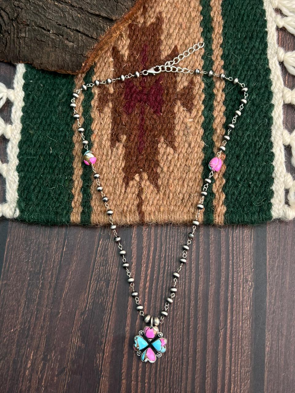 "Heart Collection" Handmade Sterling Silver Cotton Candy Necklace with Beads Chain "Signed Nizhoni"