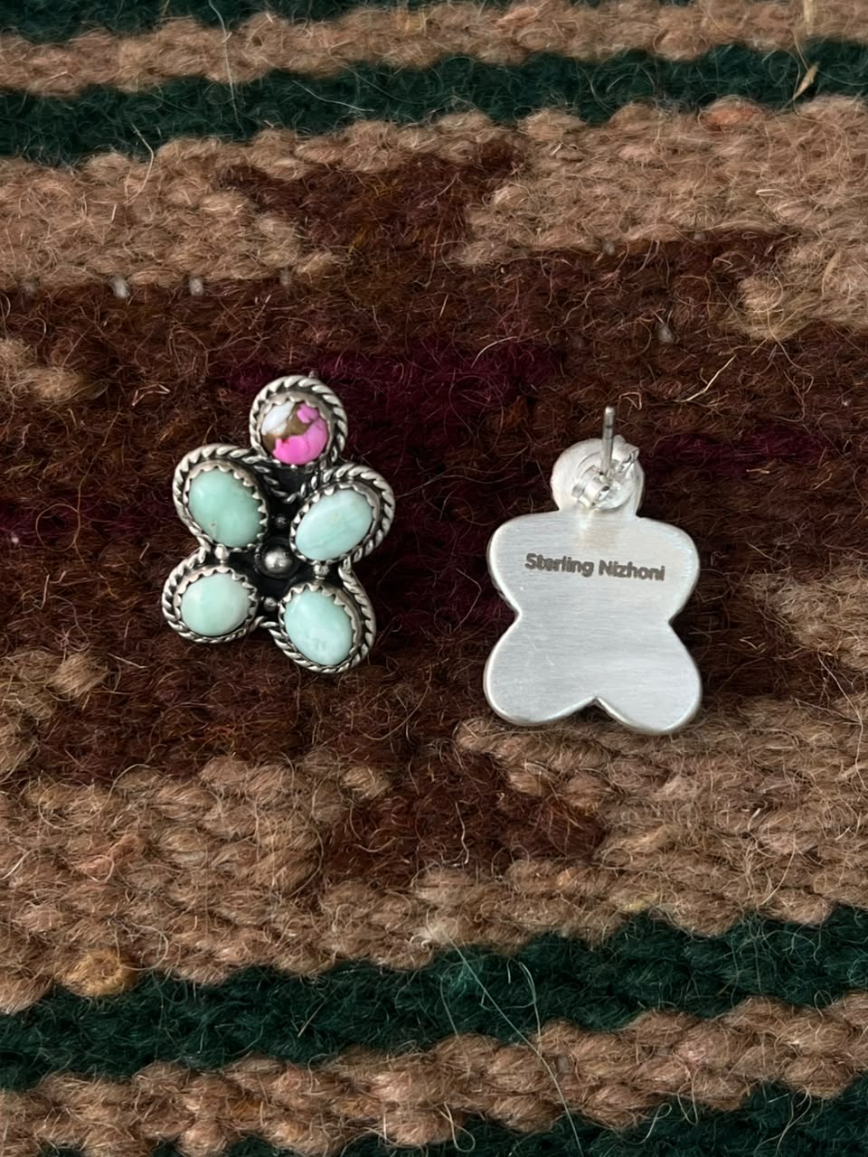 Handmade Sterling Silver Cotton Candy with Paloma Turquoise Post Studs Earrings Signed Nizhoni