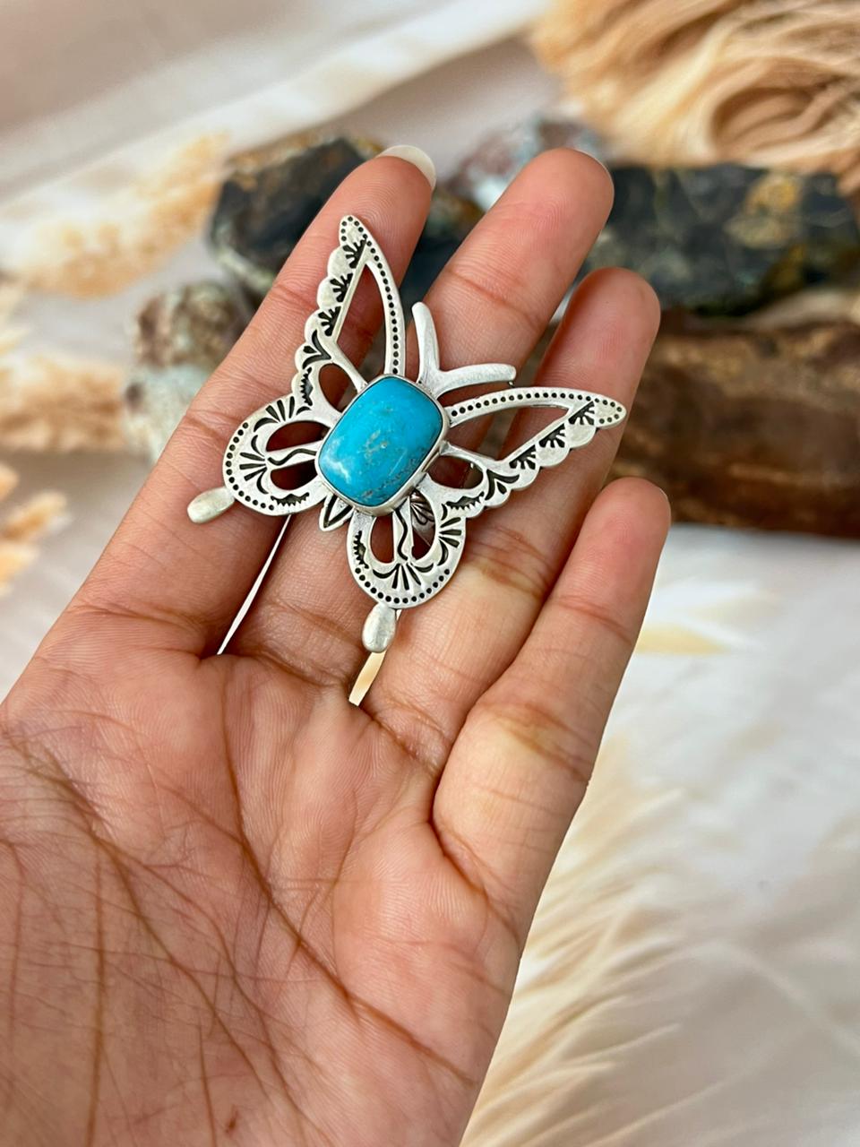 Handmade Sterling Silver Kingman Turquoise Butterfly Adjustable Ring "Signed Nizhoni"
