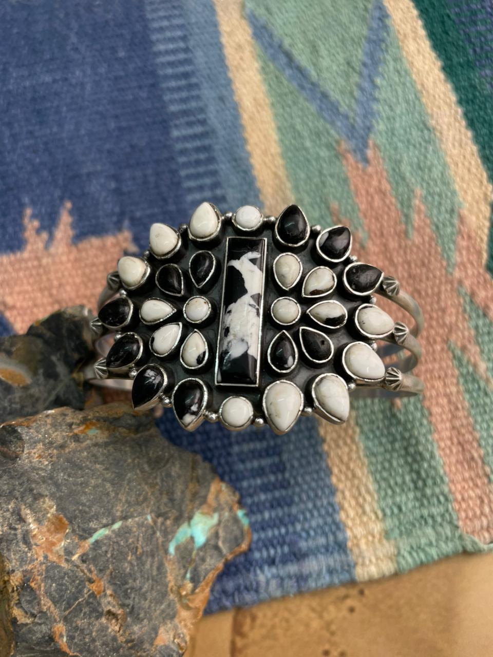 Handmade Sterling Silver White Buffalo Cuff Bracelet "Signed Nizhoni"