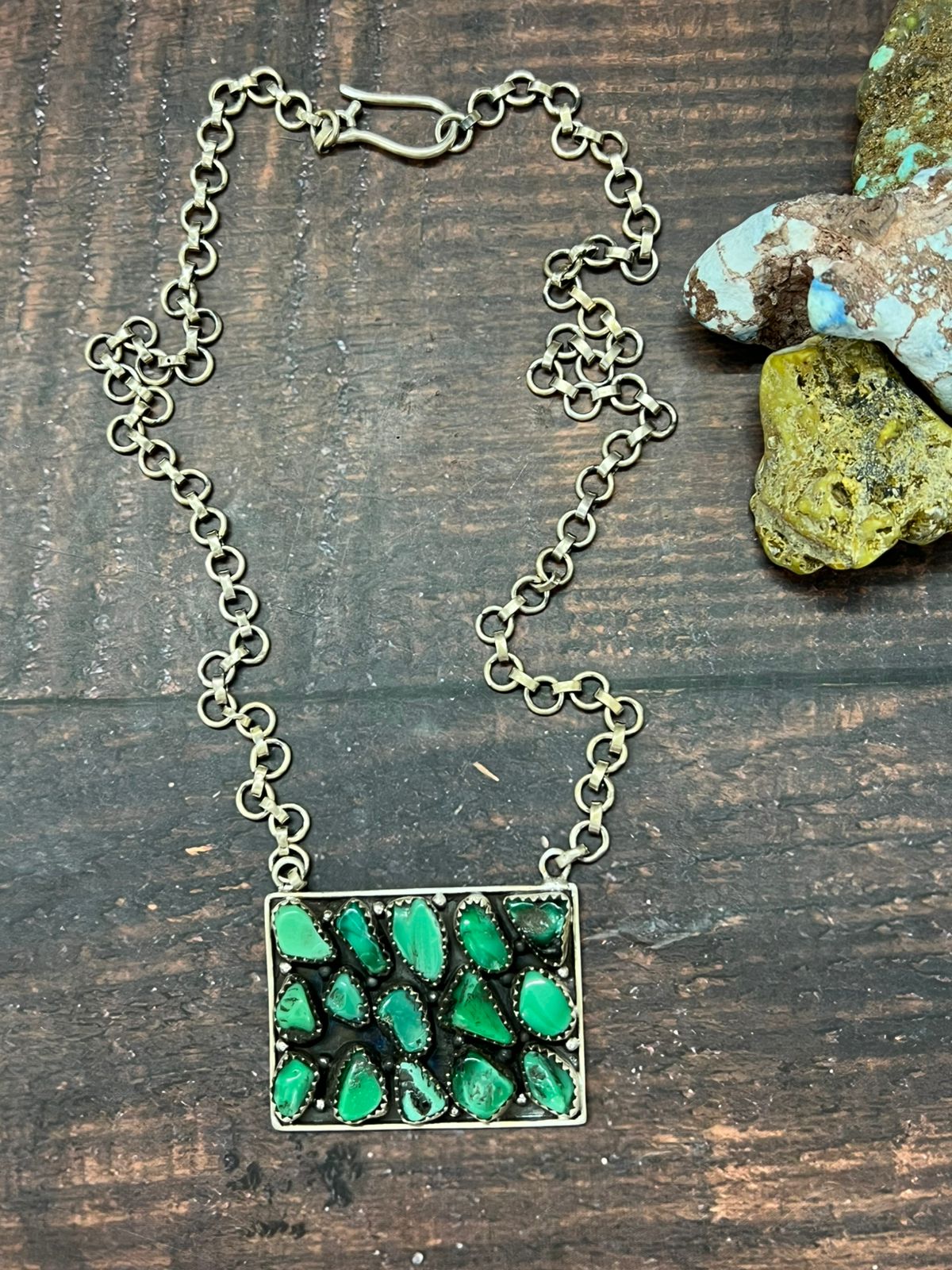 Handmade Sterling Silver Emerald Rose Necklace with Signed Nizhoni