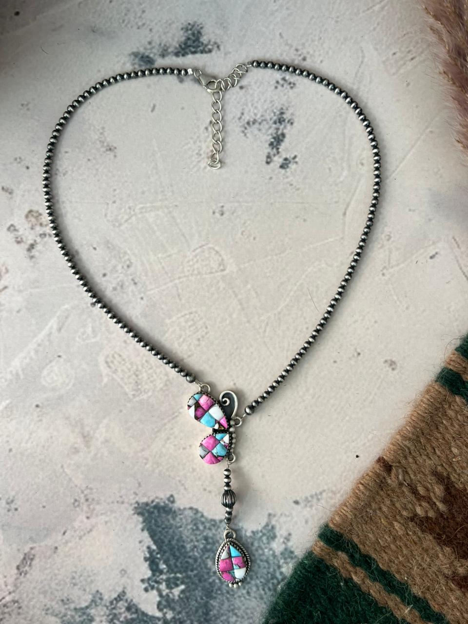 Handmade Sterling Silver Cotton Candy Beaded Butterfly Necklace Signed Nizhoni