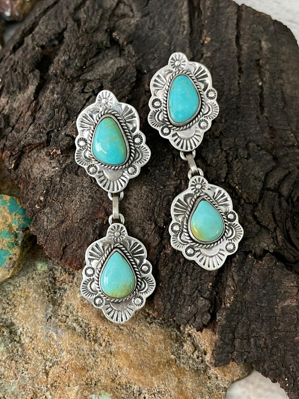 Handmade Sterling Silver Santa Maria Turquoise Post Dangle Earrings "Signed Nizhoni"