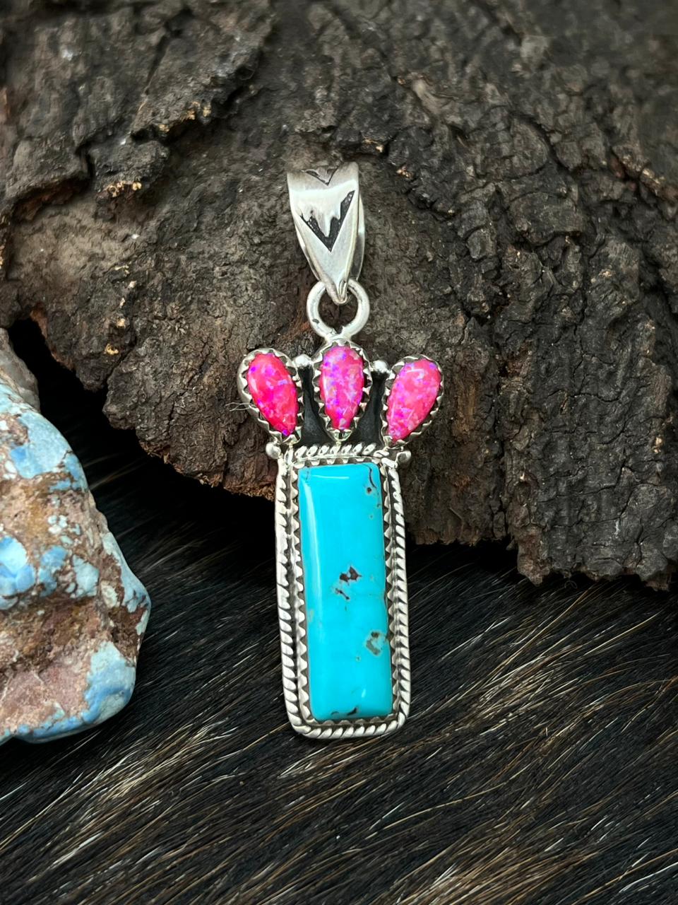Handmade Sterling Silver Kingman with Hot Pink Pendant "Signed Nizhoni"