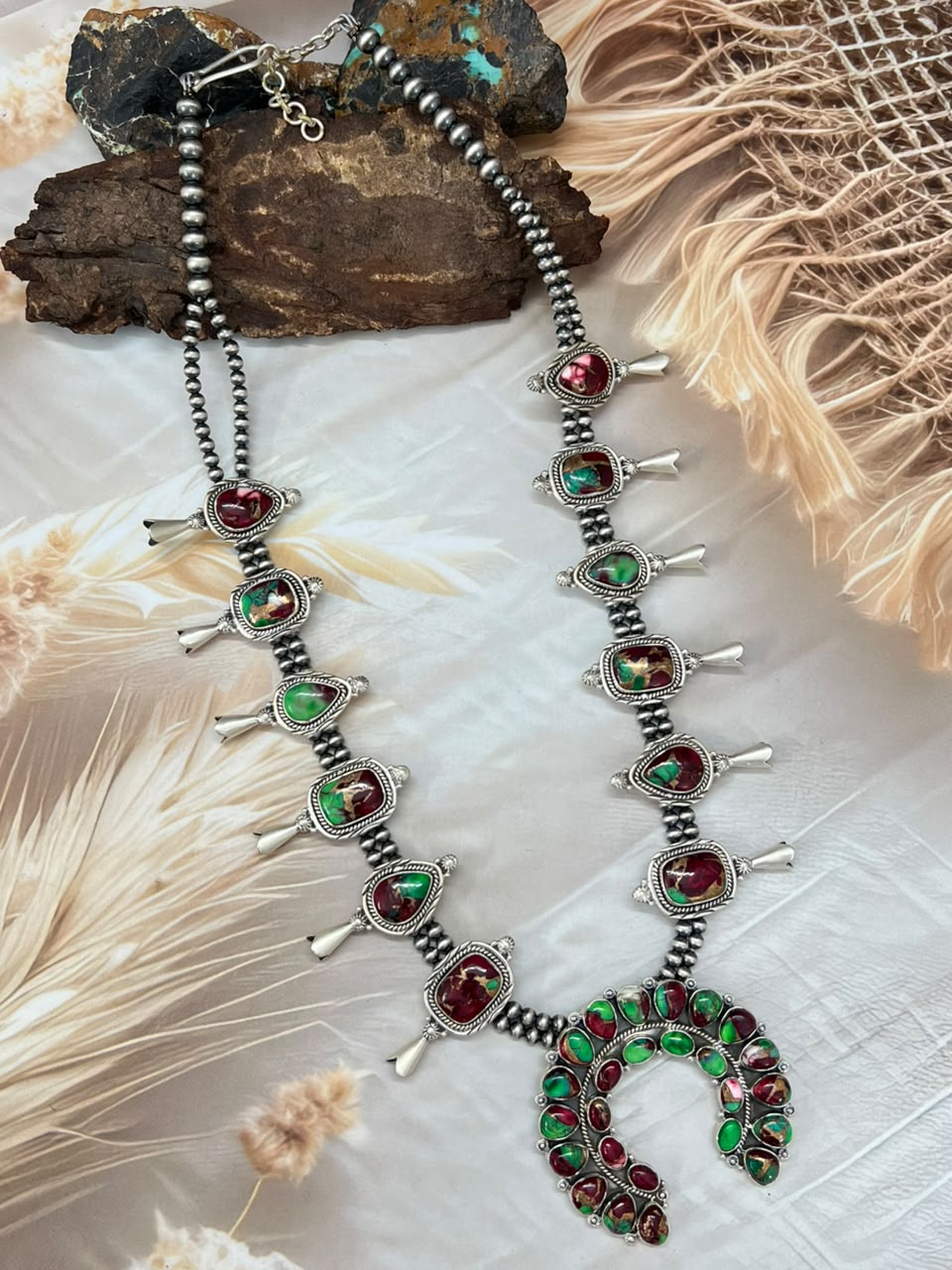 Handmade Sterling Silver Christmas Dahlia Collection: Beaded Squash Blossom Naja Necklace Signed Nizhoni