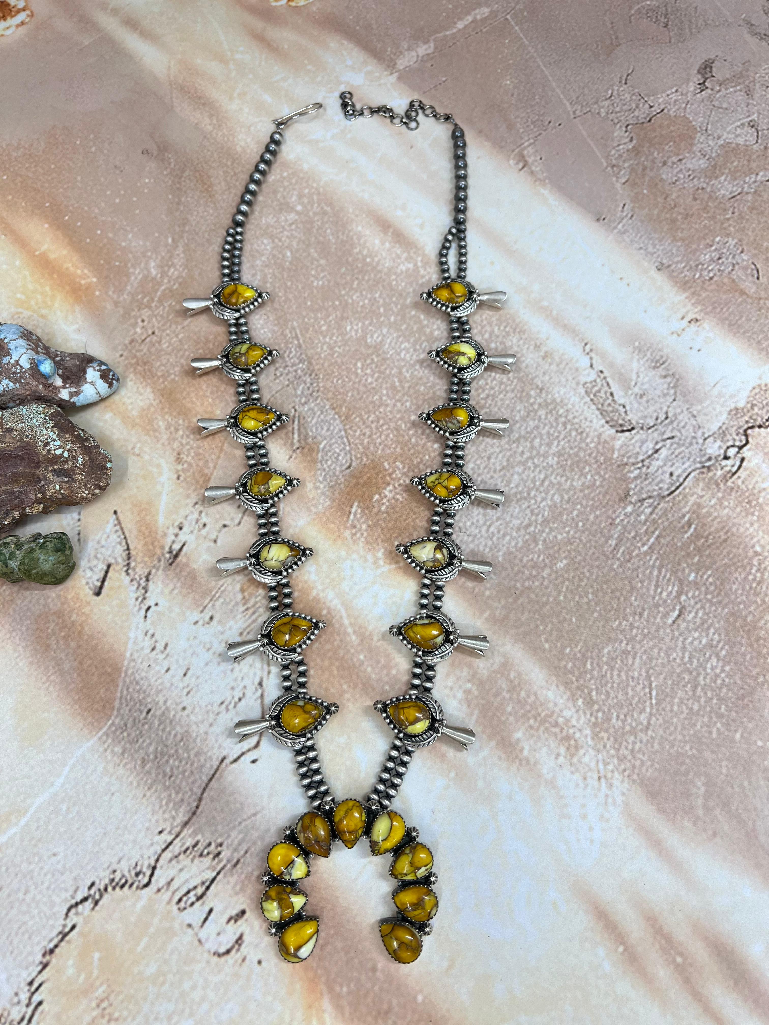 Handmade Sterling Silver Honey Dahlia Squash Blossom Necklace with Signed Nizhoni