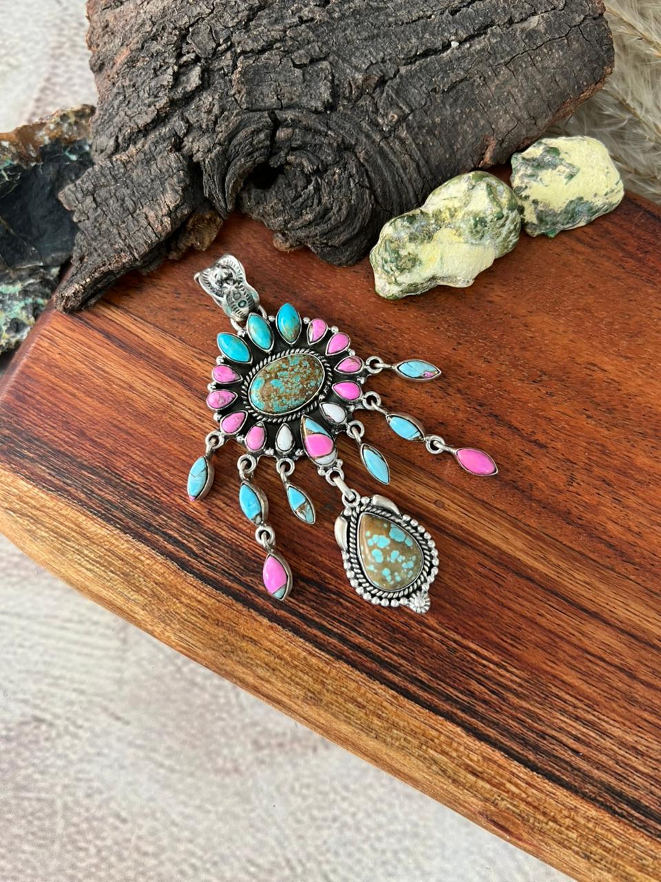 Handmade Sterling Silver Cotton Candy with Number 8 Turquoise Pendant "Signed Nizhoni"