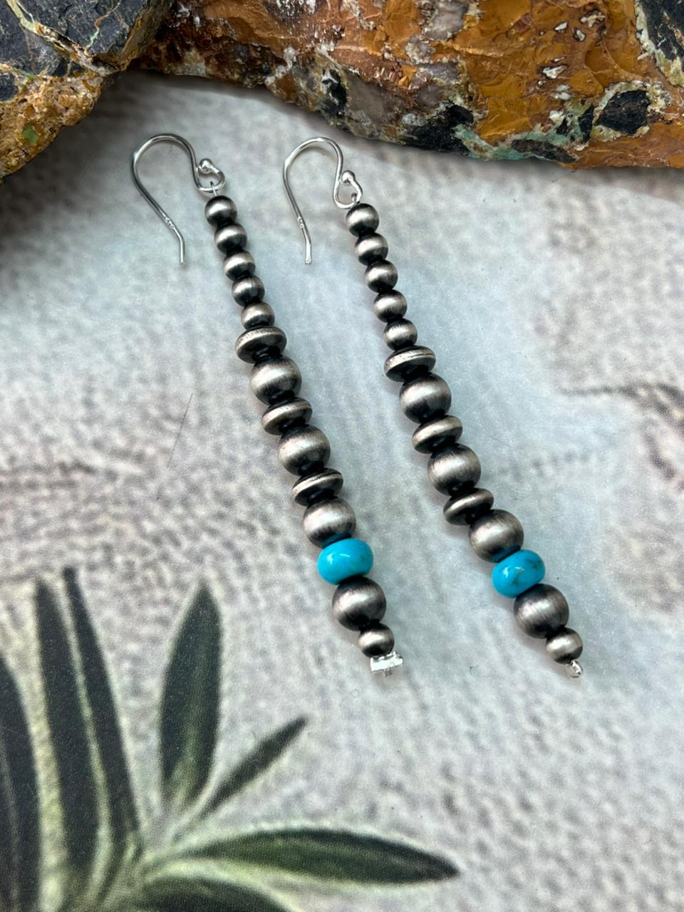 Handmade Sterling Silver Kingman Turquoise Beaded Hook Dangle Earrings