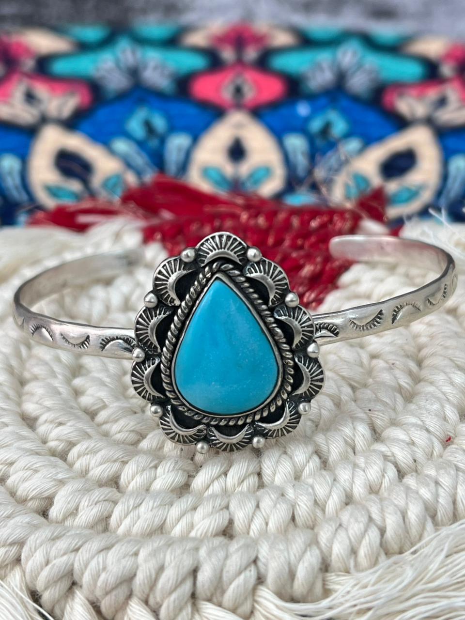 Handmade Sterling Silver Arizona Blue Turquoise Cuff Bracelet "Signed Nizhoni"