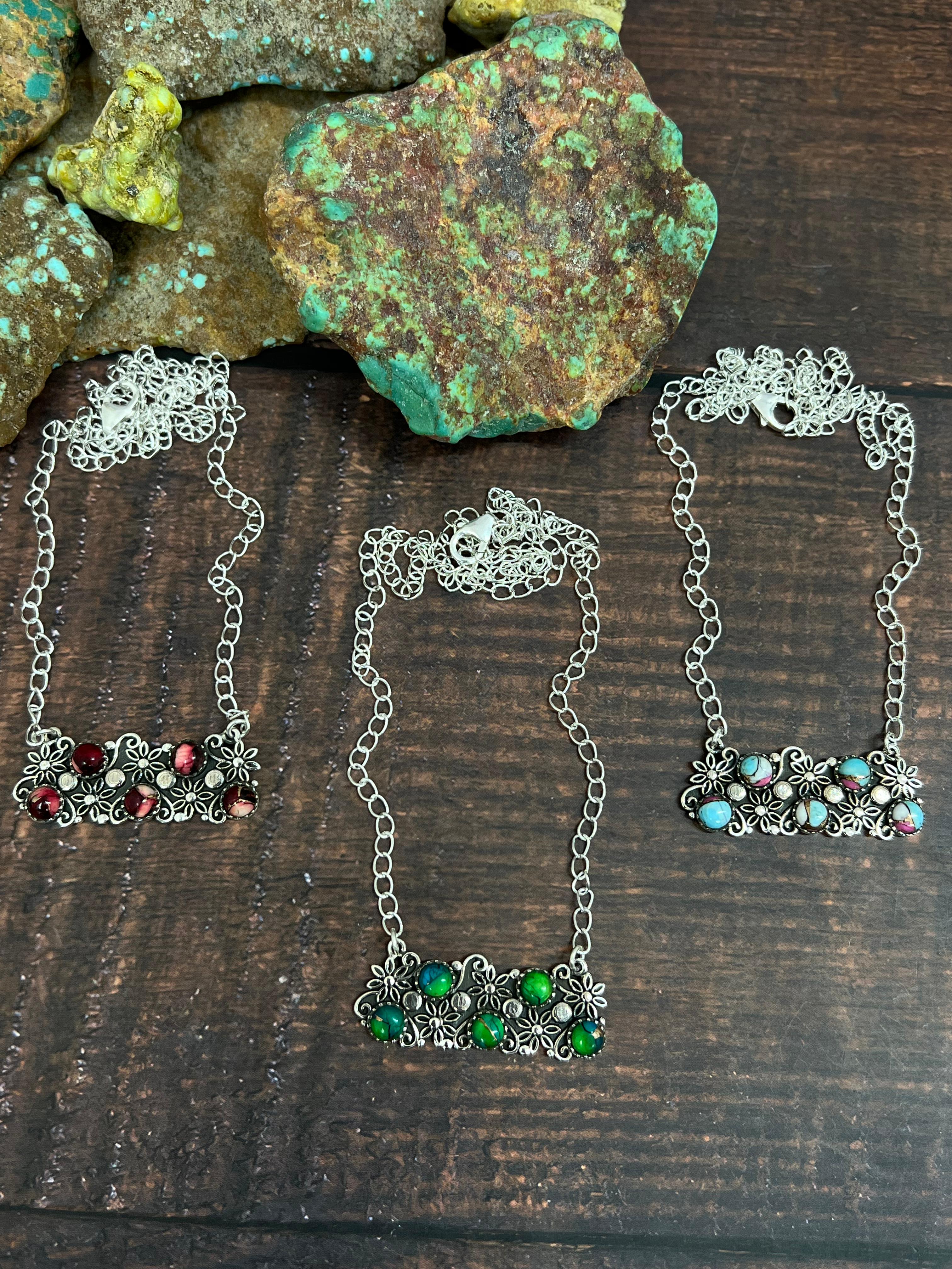 Handmade Sterling Silver Peacock Dahlia, Dahlia Rose, Cotton Candy Turquoise Necklace with Signed Nizhoni