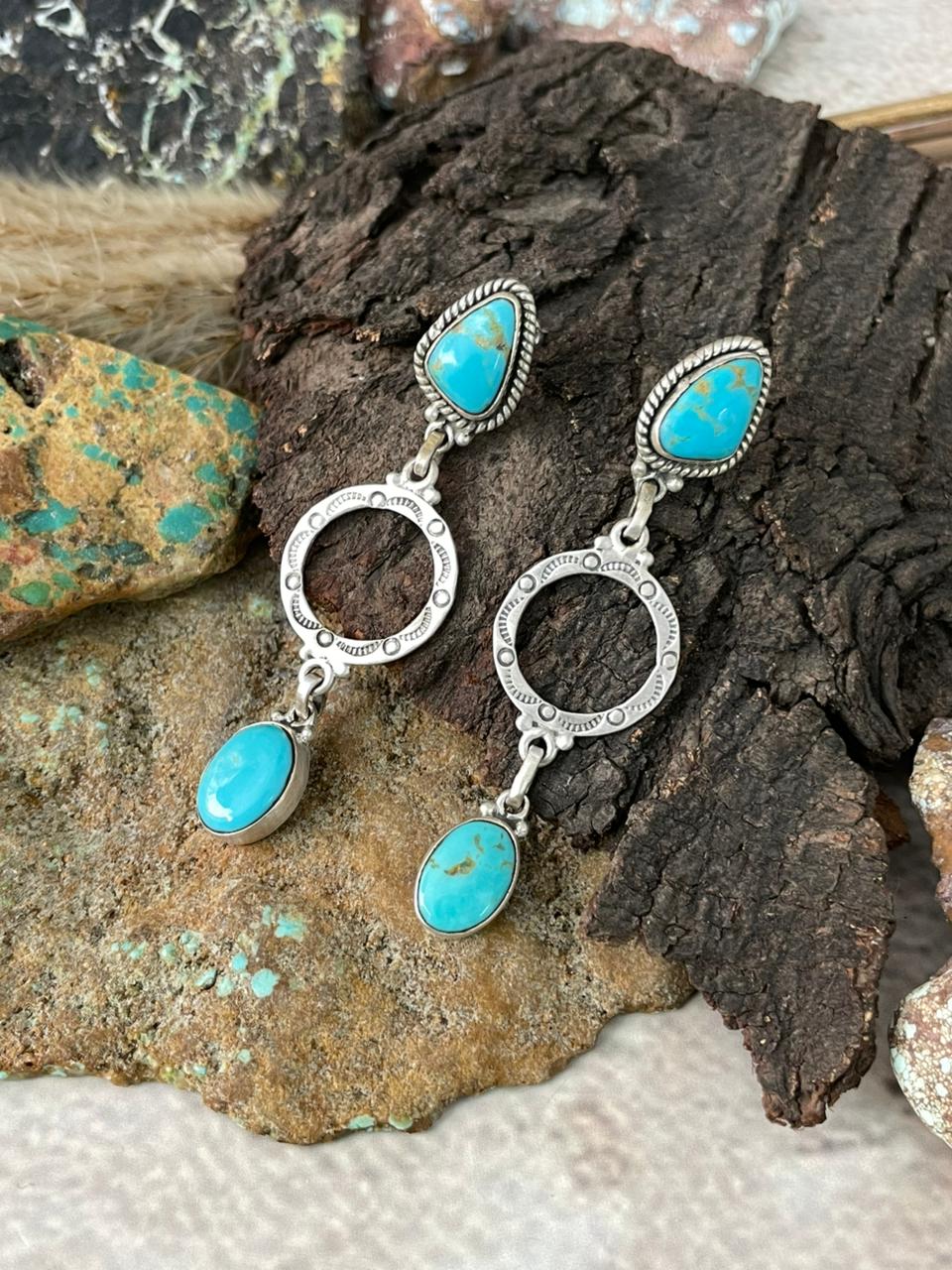 Handmade Sterling Silver Santa Maria Turquoise Post Dangle Earrings "Signed Nizhoni"