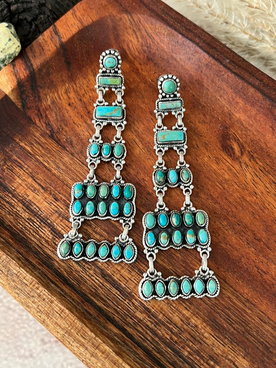 Handmade Sterling Silver Kingman Turquoise Post Dangle Earrings "Signed Nizhoni"