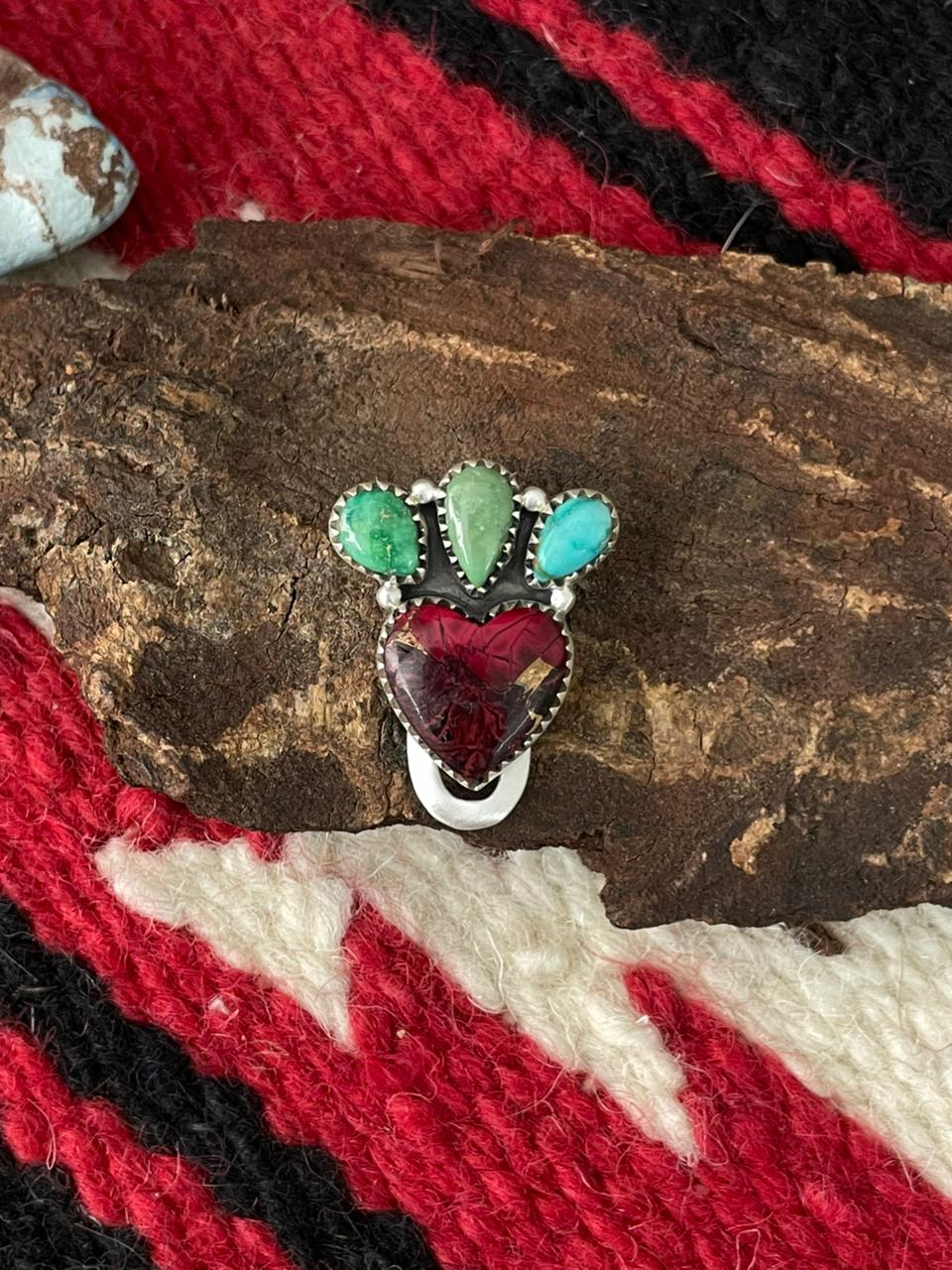 Handmade Sterling Silver Dahlia Rose with Emerald Valley Turquoise Purse Key Clip "Signed Nizhoni"