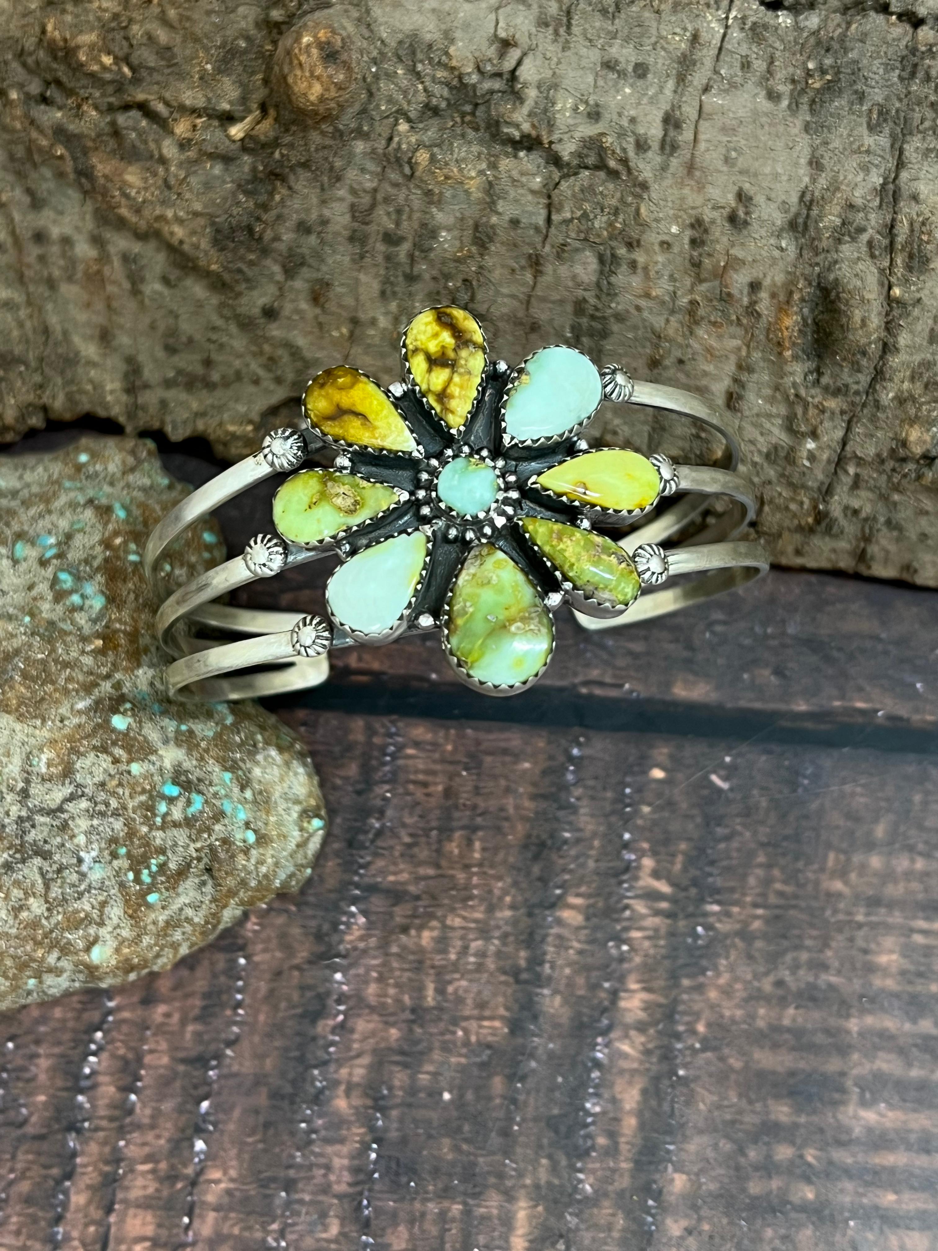 Handmade Sterling Silver Palomino Turquoise Bracelet with Signed Nizhoni