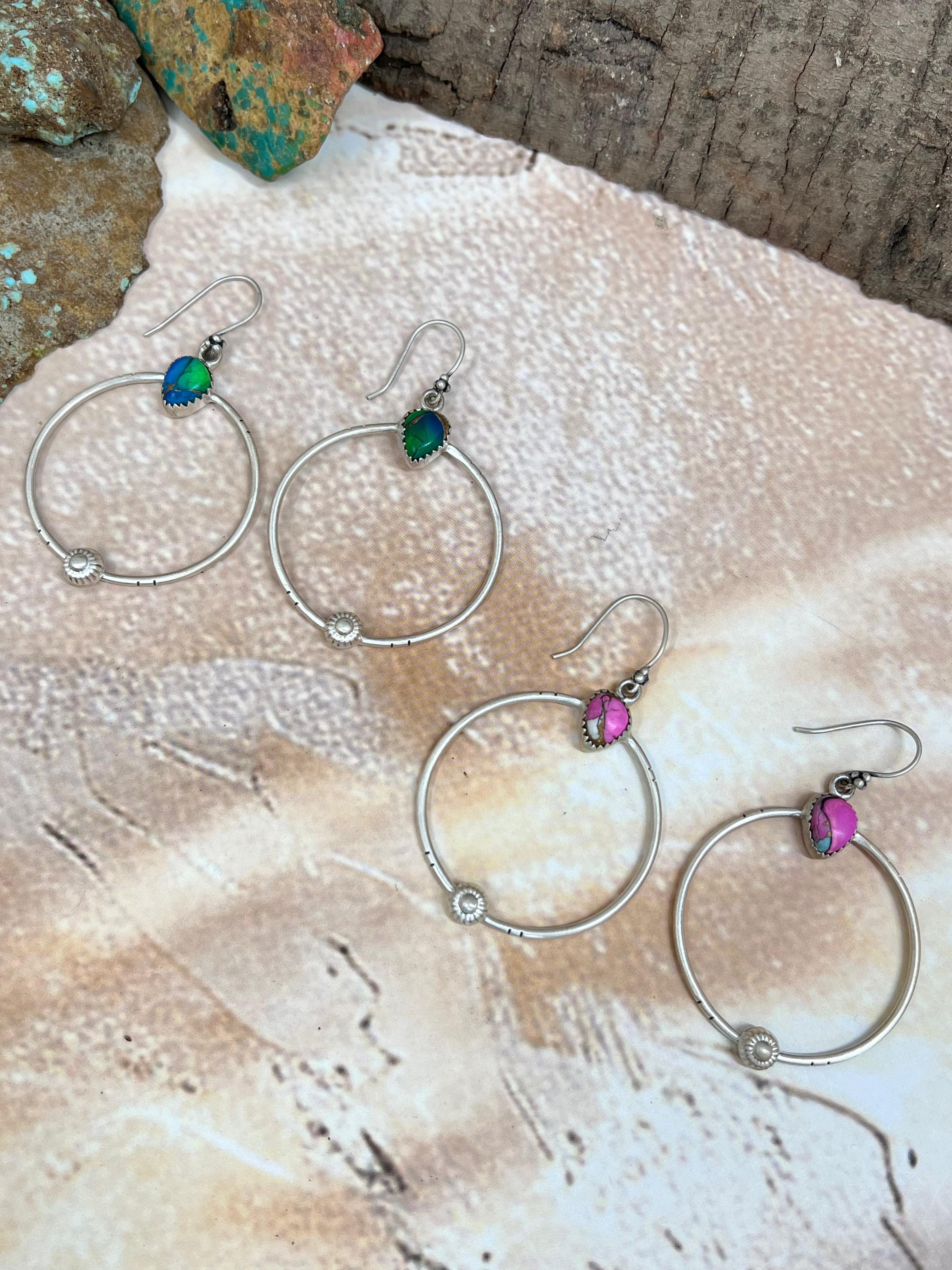 Handmade Sterling Silver Peacock Dahlia, Cotton Candy Turquoise Hook Earrings with Signed Nizhoni