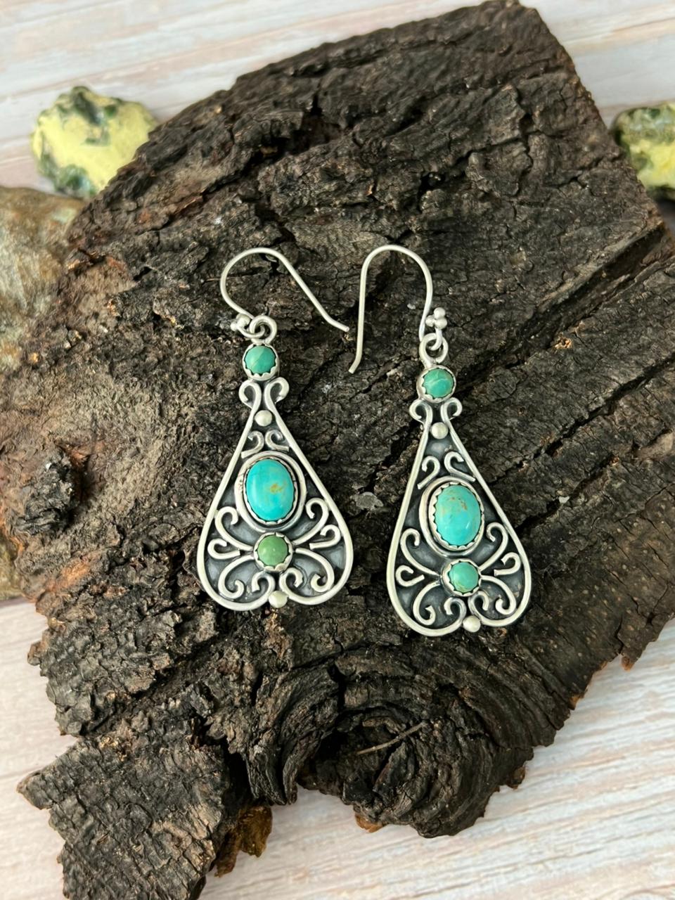 Handmade Sterling Silver Kingman Turquoise Hook Dangle Earrings with Signed Nizhoni