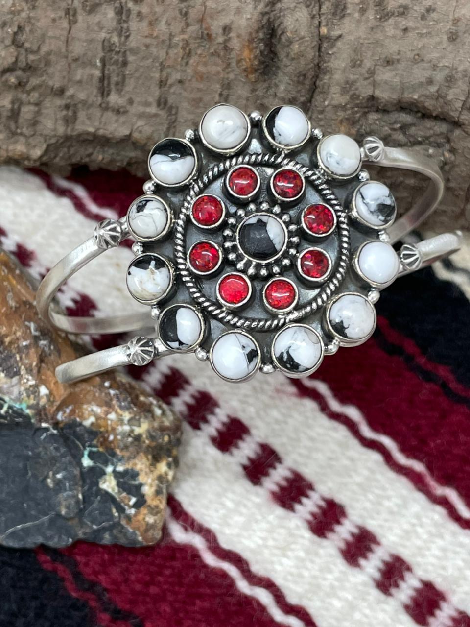 "Christmas Collection" Handmade Sterling Silver White Buffalo With Red Opal Cuff Bracelet "Signed Nizhoni"