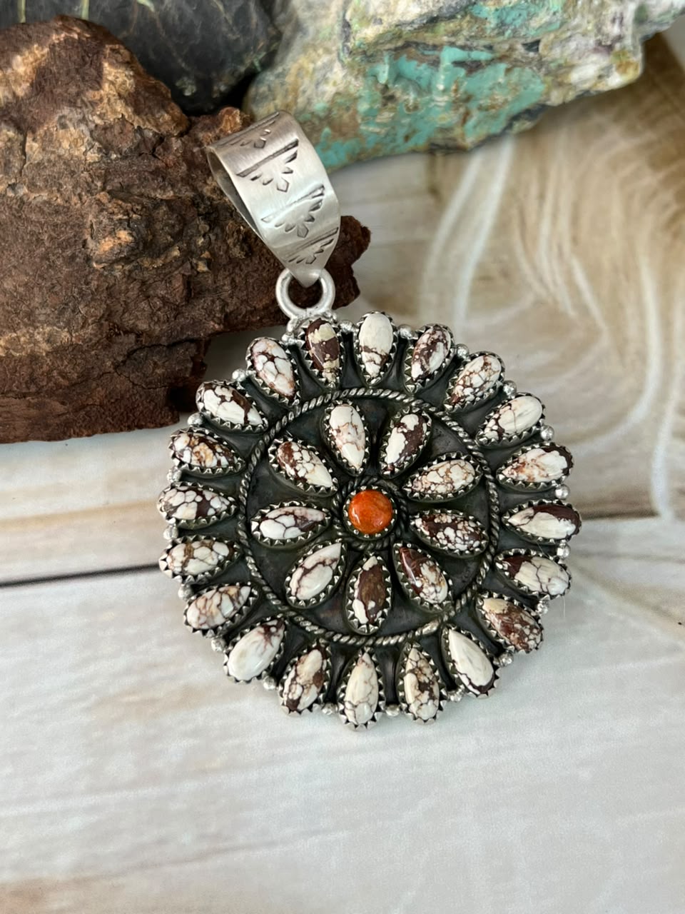 Handmade Sterling Silver Wildhorse Magnesite with Orange Mojave Pendant Signed Nizhoni