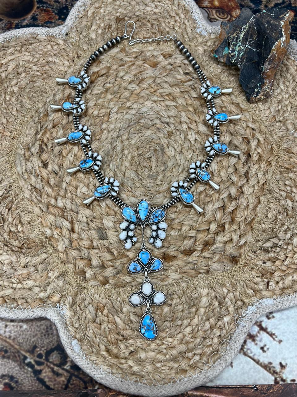 Handmade Sterling Silver Golden Hills with White Collection Beaded Necklace "Signed Nizhoni"