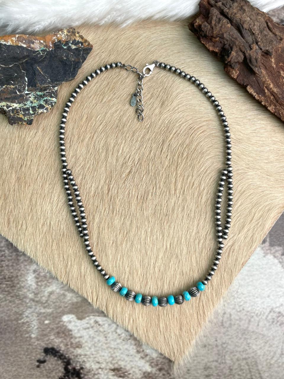 Handmade Sterling Silver Kingman Turquoise Beaded Necklace "Signed Nizhoni"