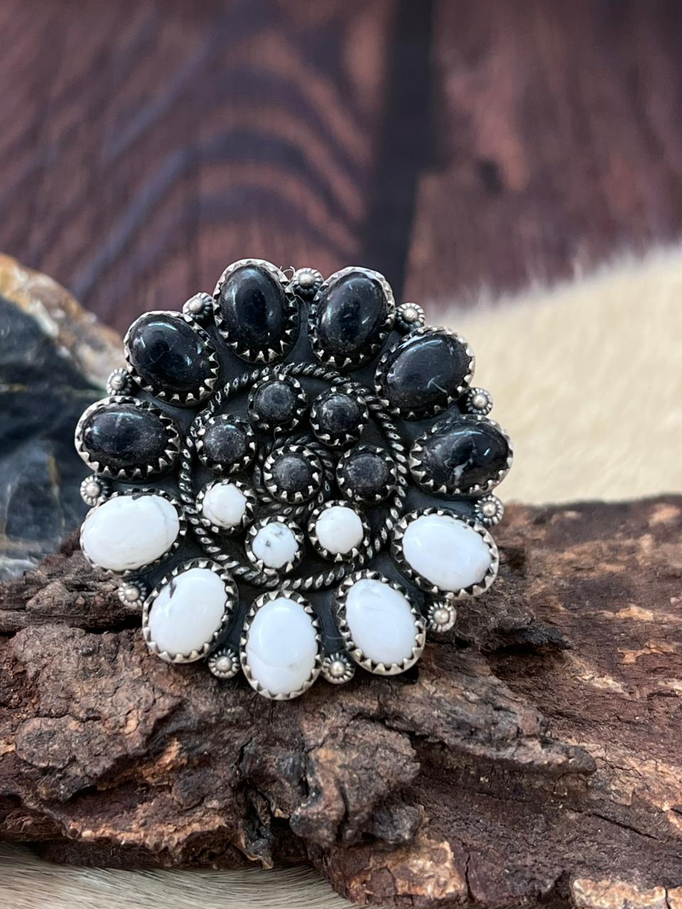 Handmade Sterling Silver White Buffalo Adjustable Ring "Signed Nizhoni"