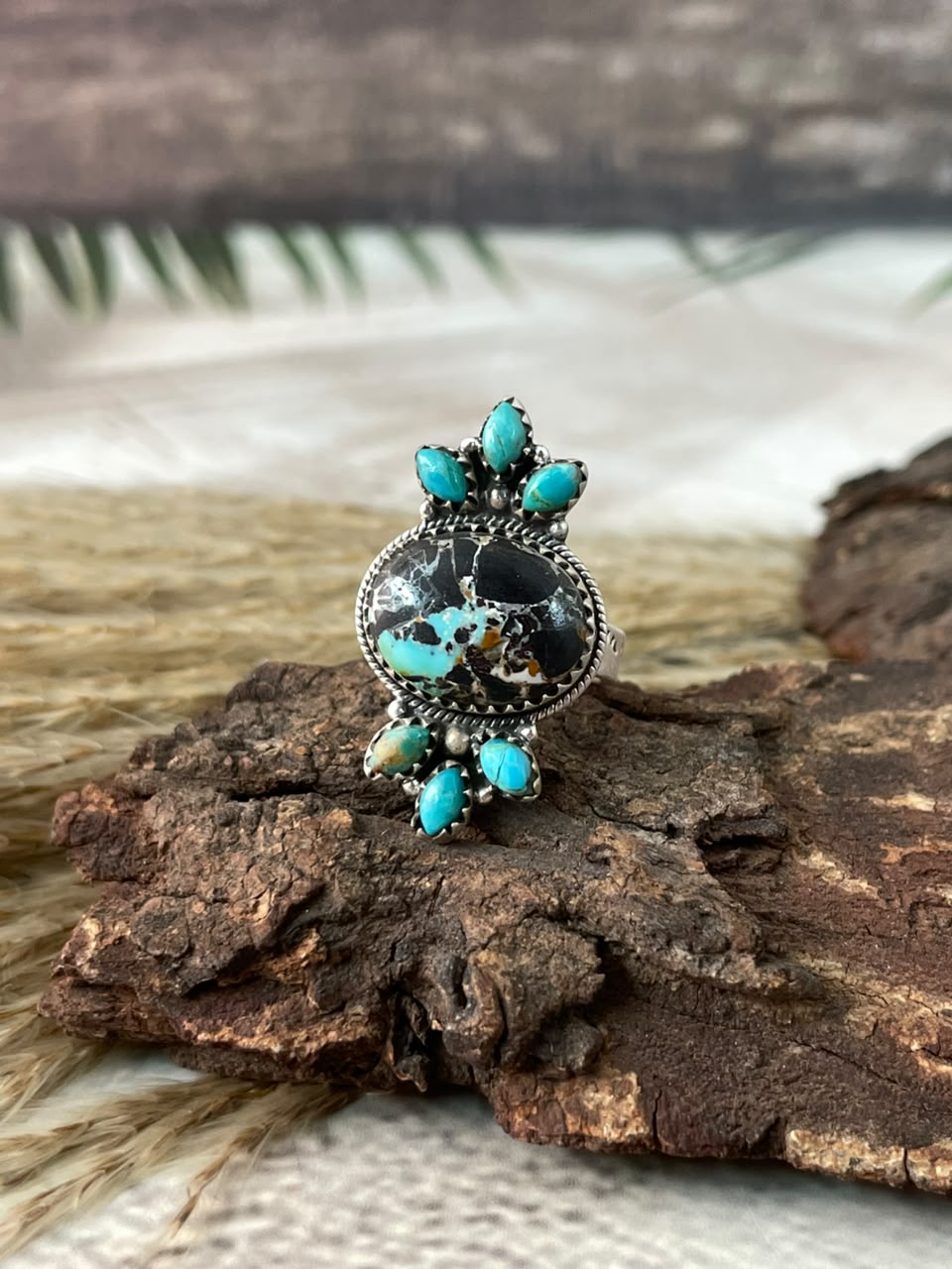 Handmade Sterling Silver Blackjack with Kingman Turquoise Adjustable Ring Signed Nizhoni