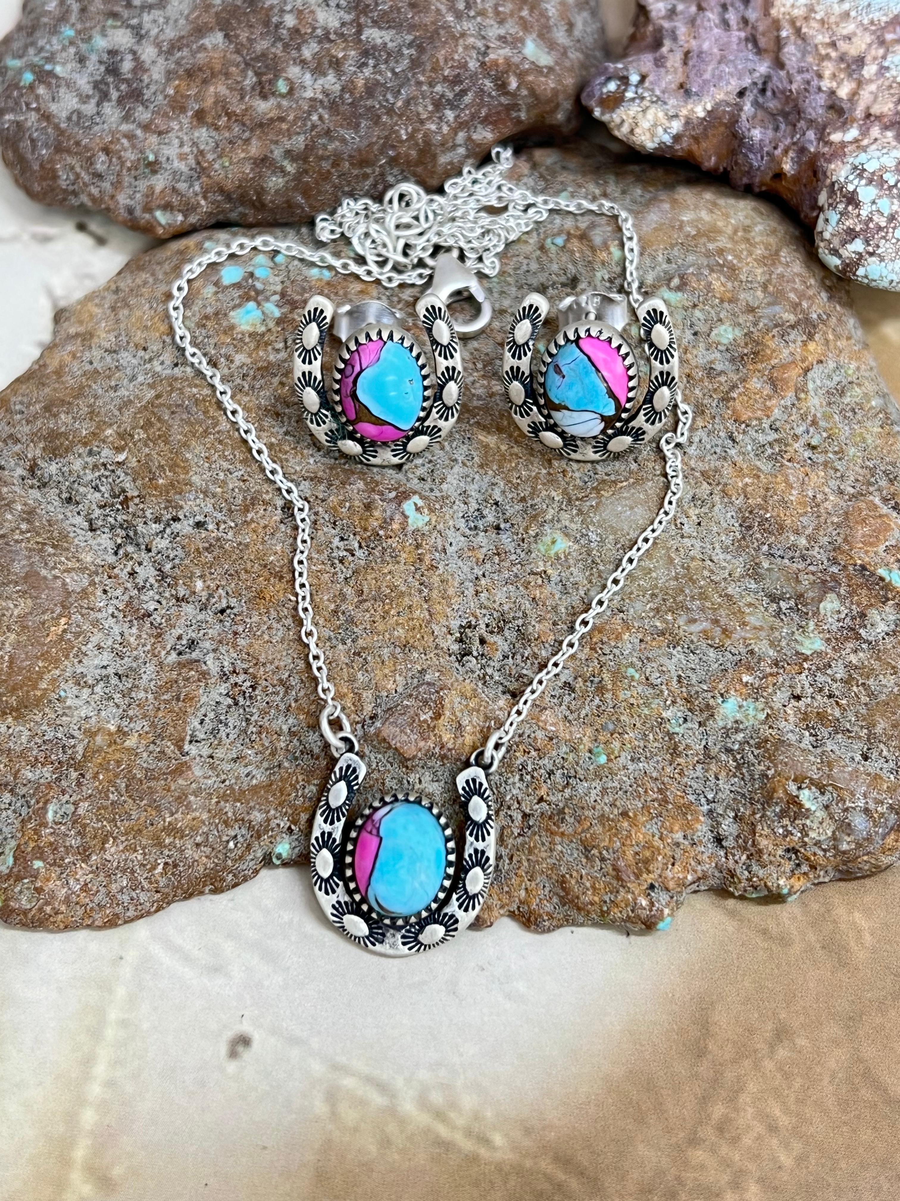 Handmade Sterling Silver Cotton Candy Turquoise Necklace Earrings Set, Signed Nizhoni