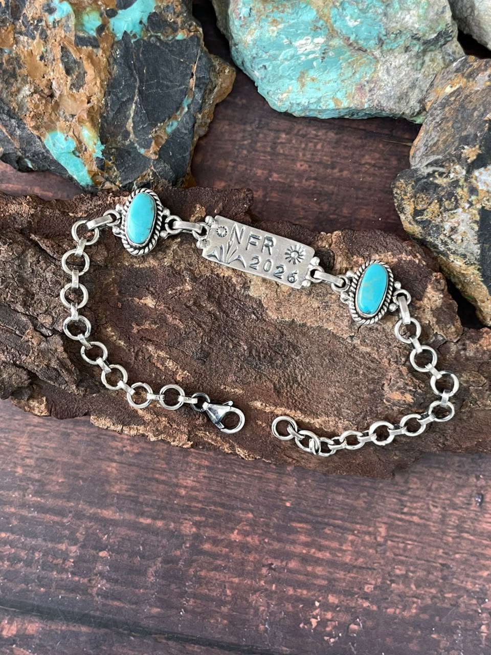Handmade Sterling Silver Kingman Turquoise NFR Collection: Chain Bracelet Signed Nizhoni